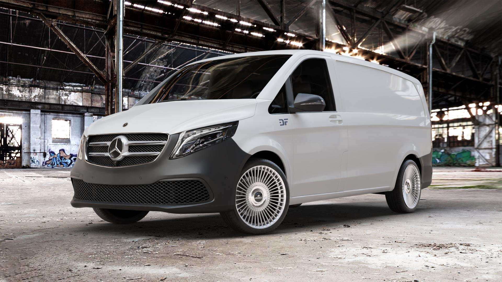 La Chanti Performance LC-P19 (Floating Cap) Machined Silver Felge mit Reifen silber in 20Zoll Alufelge auf weissem Mercedes Vito Kasten Typ W447 Facelift ⬇️ mit 15mm Tieferlegung ⬇️ Old Industrial Hall_max_5300mm_2024 Frontansicht_1