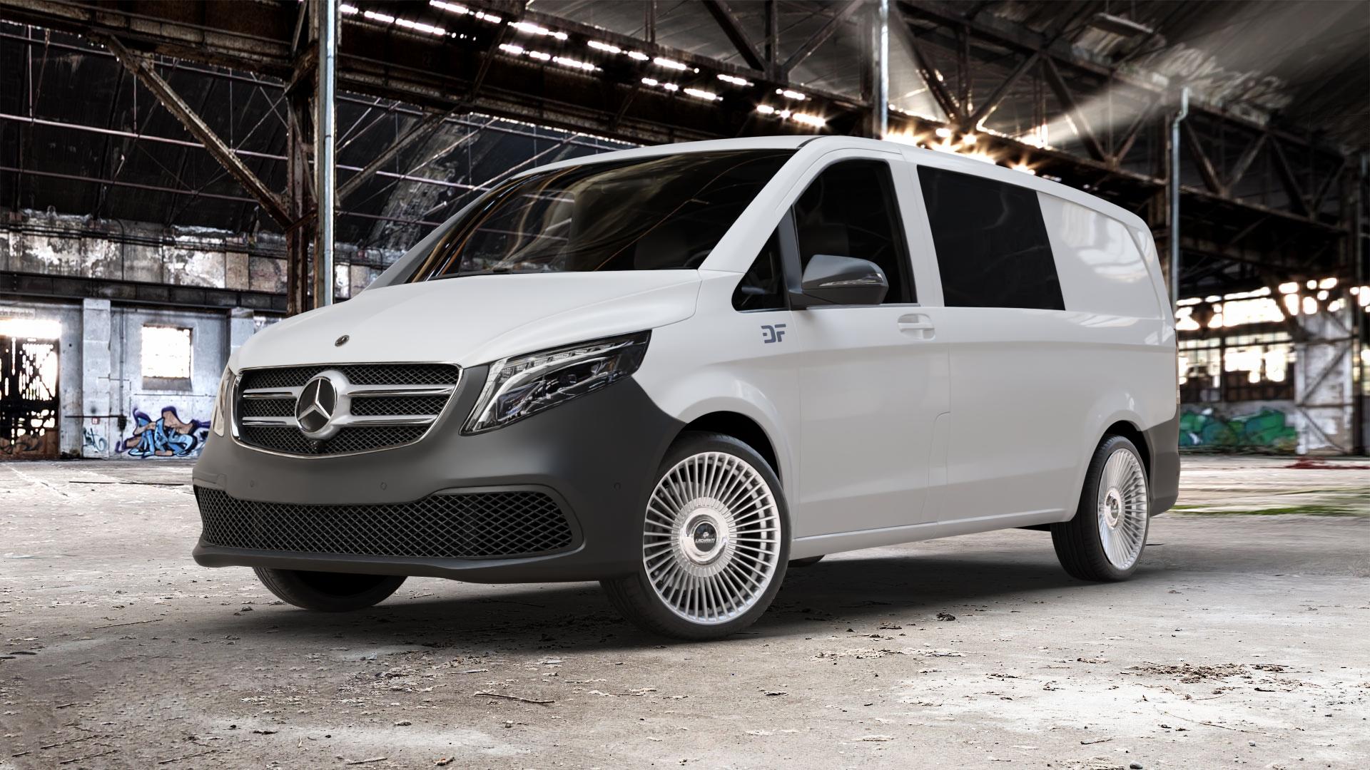 La Chanti Performance LC-P19 (Floating Cap) Machined Silver Felge mit Reifen silber in 20Zoll Alufelge auf weissem Mercedes Vito Mixto Typ W447 Facelift ⬇️ mit 15mm Tieferlegung ⬇️ Old Industrial Hall_max_5300mm_2024 Frontansicht_1