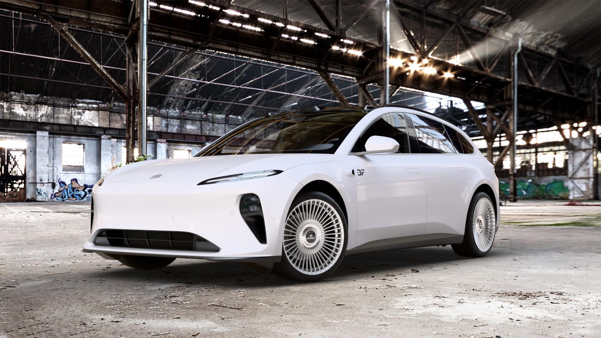 La Chanti Performance LC-P19 (Floating Cap) Machined Silver Felge mit Reifen silber in 20Zoll Alufelge auf weissem Nio ET5 Touring Typ NACC2T1 0,0l 100kW 4WD (136 PS) ⬇️ mit 15mm Tieferlegung ⬇️ Old Industrial Hall_max_5300mm_2024 Frontansicht_1