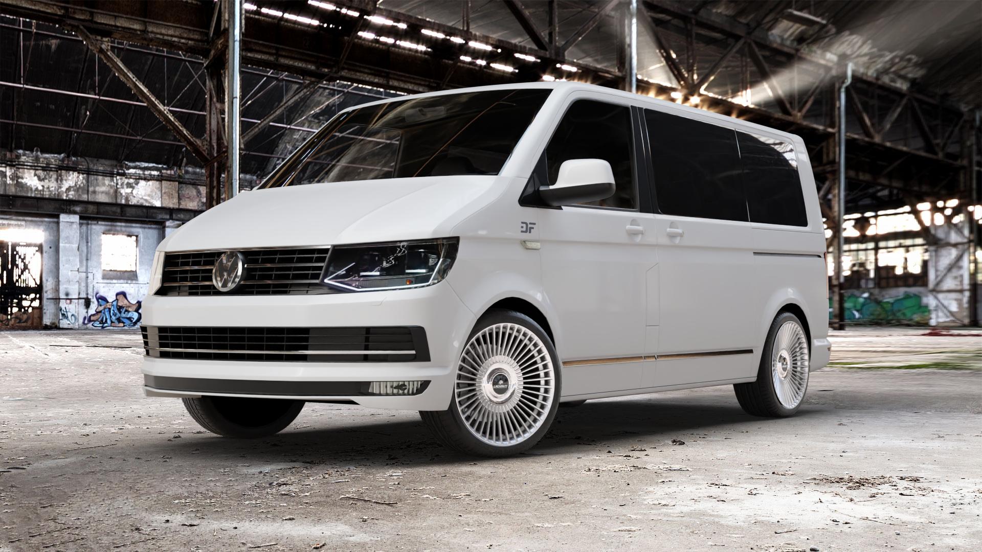 La Chanti Performance LC-P19 (Floating Cap) Machined Silver Felge mit Reifen silber in 20Zoll Alufelge auf weissem Volkswagen (VW) T6 Kombi Multivan Caravelle ⬇️ mit 15mm Tieferlegung ⬇️ Old Industrial Hall_max_5300mm_2024 Frontansicht_1