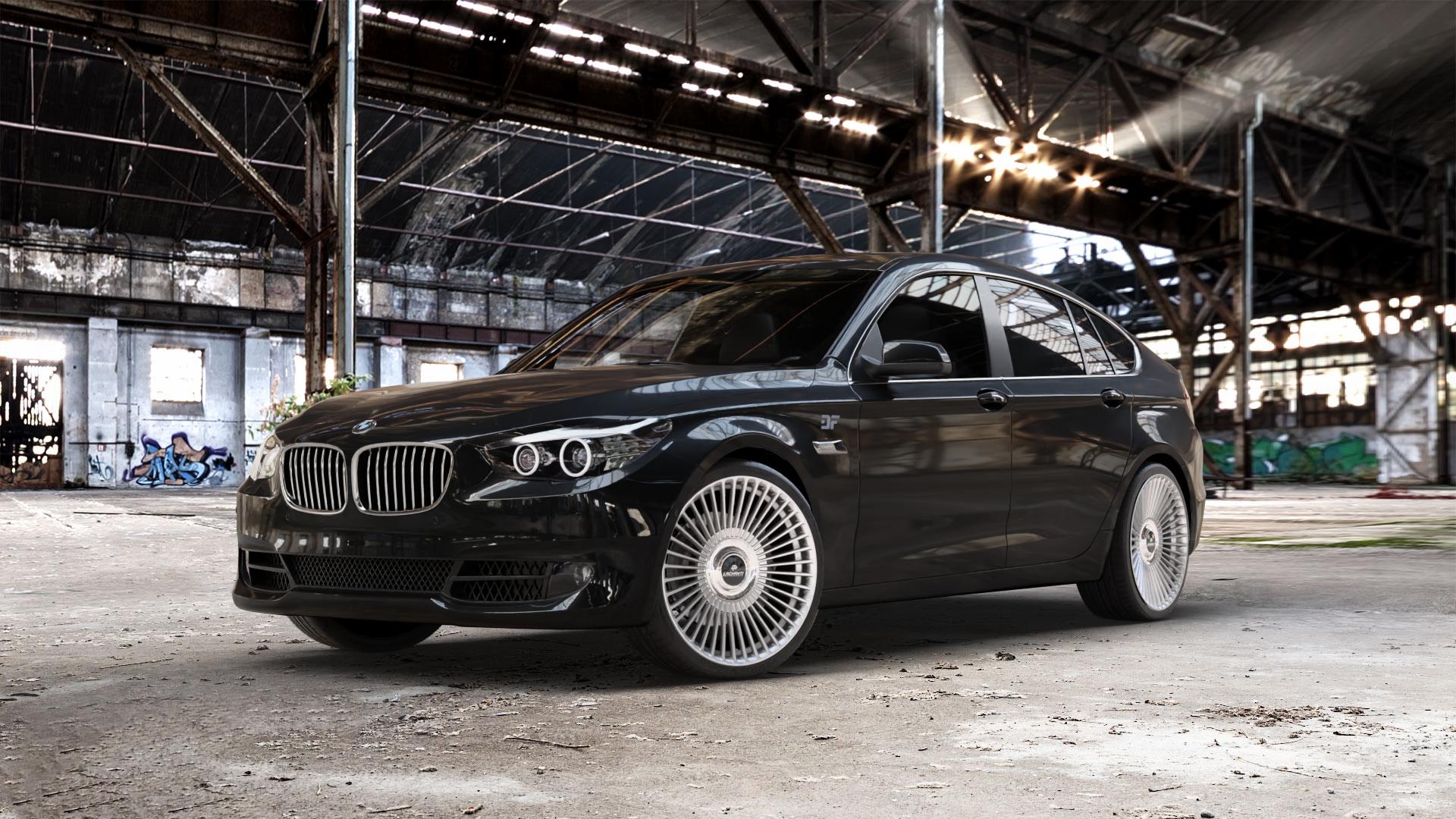 La Chanti Performance LC-P19 (Floating Cap) Machined Silver Felge mit Reifen silber in 21Zoll Alufelge auf schwarzem BMW 535i GT Typ F07 xDrive 550i 530d 535d 520d 528i 5er Gran Turismo (GT, K-N1) ⬇️ mit 15mm Tieferlegung ⬇️ Old Industrial Hall_max_5300mm_2024 Frontansicht_1