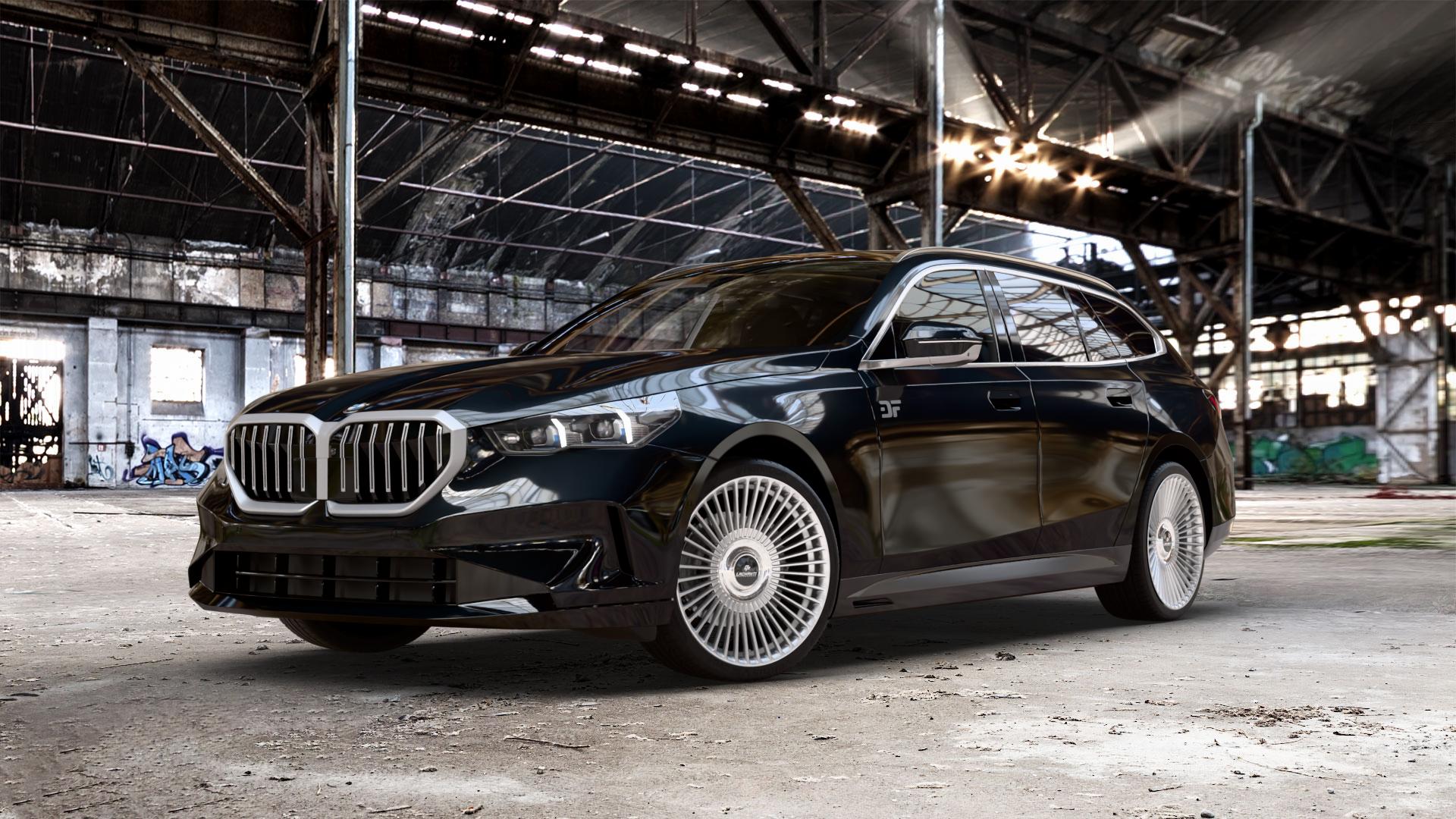 La Chanti Performance LC-P19 (Floating Cap) Machined Silver Felge mit Reifen silber in 21Zoll Alufelge auf schwarzem metallic BMW 520d Typ G61 (Touring) xDrive 5er Touring (G6K) ⬇️ mit 15mm Tieferlegung ⬇️ Old Industrial Hall_max_5300mm_2024 Frontansicht_1
