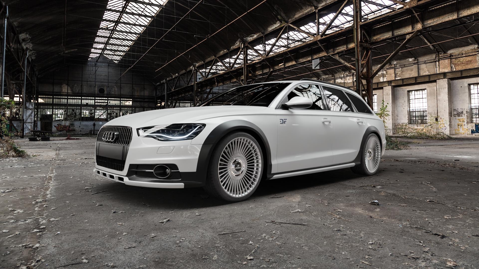 La Chanti Performance LC-P19 (Floating Cap) Machined Silver Felge mit Reifen silber in 21Zoll Alufelge auf weissem Audi A6 Allroad Quattro Typ 4G/C7 Facelift ⬇️ mit 15mm Tieferlegung ⬇️ Old Industrial Hall_max5000mm_2022 Frontansicht_1
