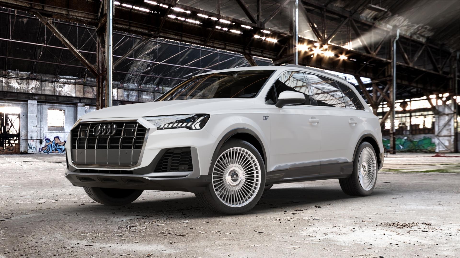 La Chanti Performance LC-P19 (Floating Cap) Machined Silver Felge mit Reifen silber in 21Zoll Alufelge auf weissem Audi Q7 II Typ 4M (4L) Facelift 19-> ⬇️ mit 15mm Tieferlegung ⬇️ Old Industrial Hall_max_5300mm_2024 Frontansicht_1