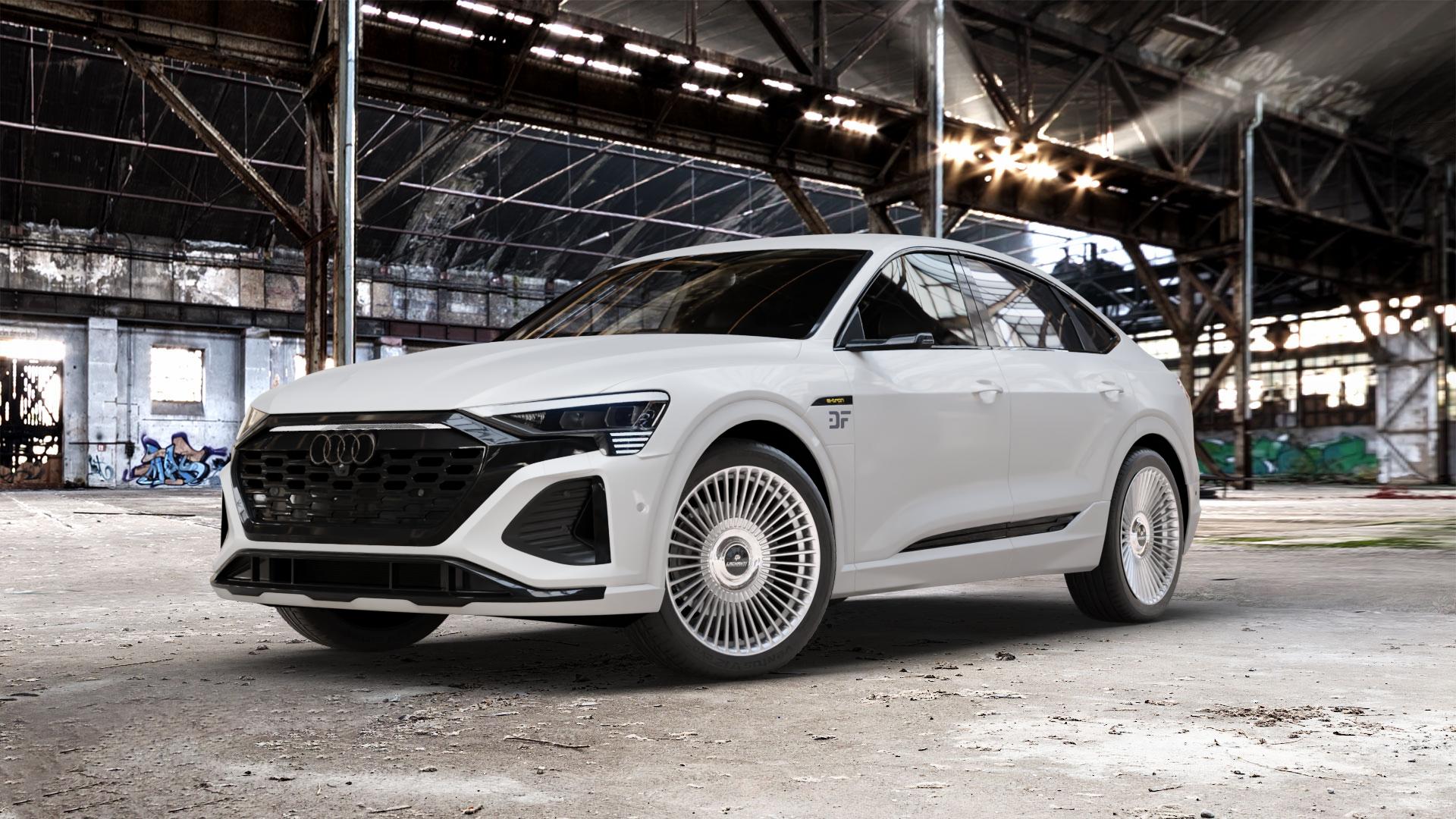 La Chanti Performance LC-P19 (Floating Cap) Machined Silver Felge mit Reifen silber in 21Zoll Alufelge auf weissem Audi Q8 Sportback Typ GE ⬇️ mit 15mm Tieferlegung ⬇️ Old Industrial Hall_max_5300mm_2024 Frontansicht_1