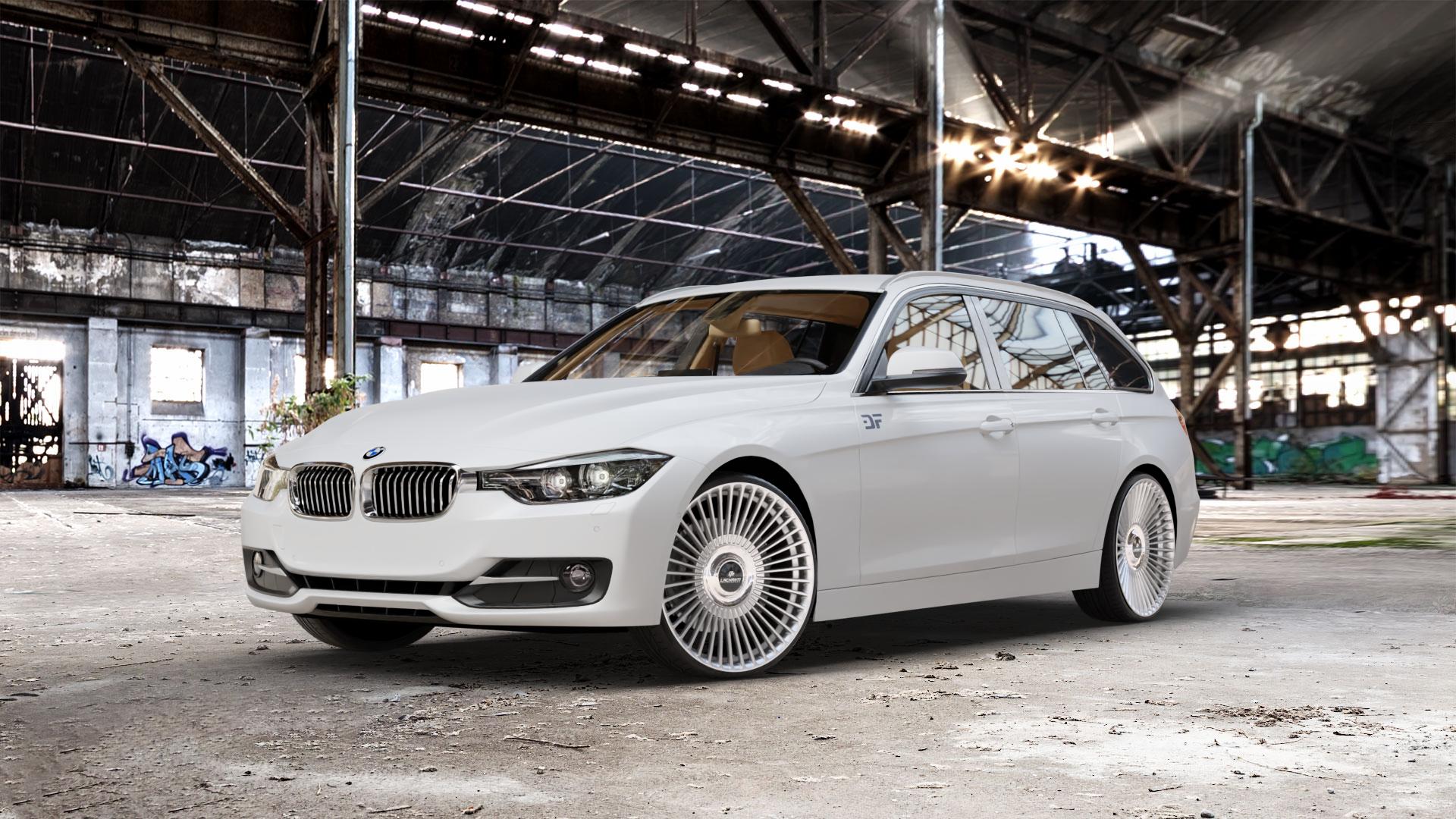 La Chanti Performance LC-P19 (Floating Cap) Machined Silver Felge mit Reifen silber in 21Zoll Alufelge auf weissem BMW 320i Typ F31 (Touring) 328i 316d 318d 320d 316i EffDyn Edition 325d 335i xDrive 335d ⬇️ mit 15mm Tieferlegung ⬇️ Old Industrial Hall_max_5300mm_2024 Frontansicht_1