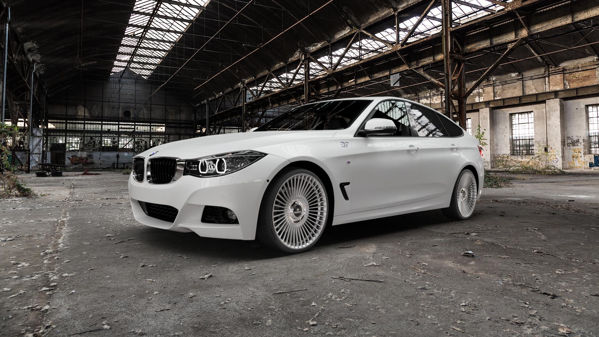 La Chanti Performance LC-P19 (Floating Cap) Machined Silver Felge mit Reifen silber in 21Zoll Alufelge auf weissem BMW 320i Typ F34 (Gran Turismo) 328i 335i 318d 320d 325d xDrive 330d 335d 340i 330i 3er GT (3-V, 3K-N1) ⬇️ mit 15mm Tieferlegung ⬇️ Old Industrial Hall_max5000mm_2022 Frontansicht_1