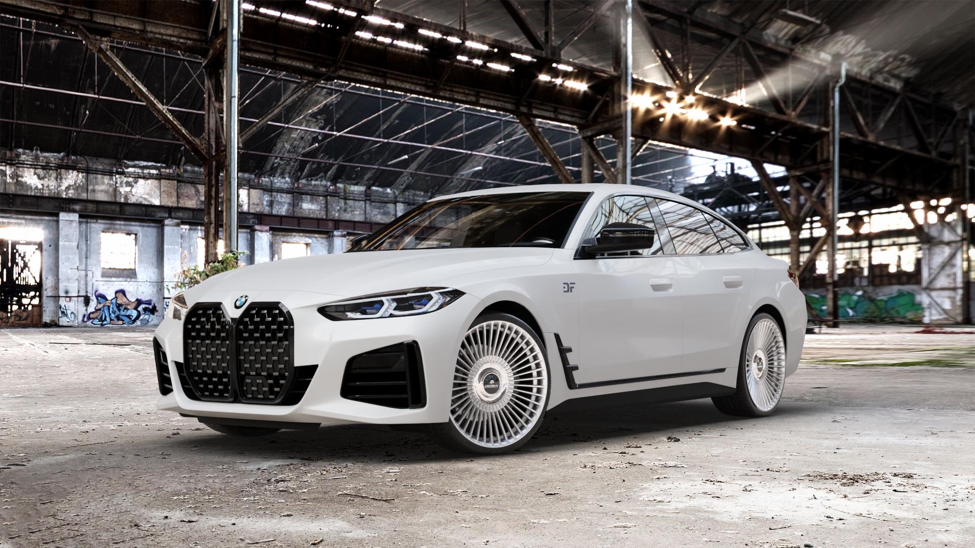 La Chanti Performance LC-P19 (Floating Cap) Machined Silver Felge mit Reifen silber in 21Zoll Alufelge auf weissem BMW 4er G26 Gran Coupe (G4C) ⬇️ mit 15mm Tieferlegung ⬇️ Old Industrial Hall_max_5300mm_2024 Frontansicht_1