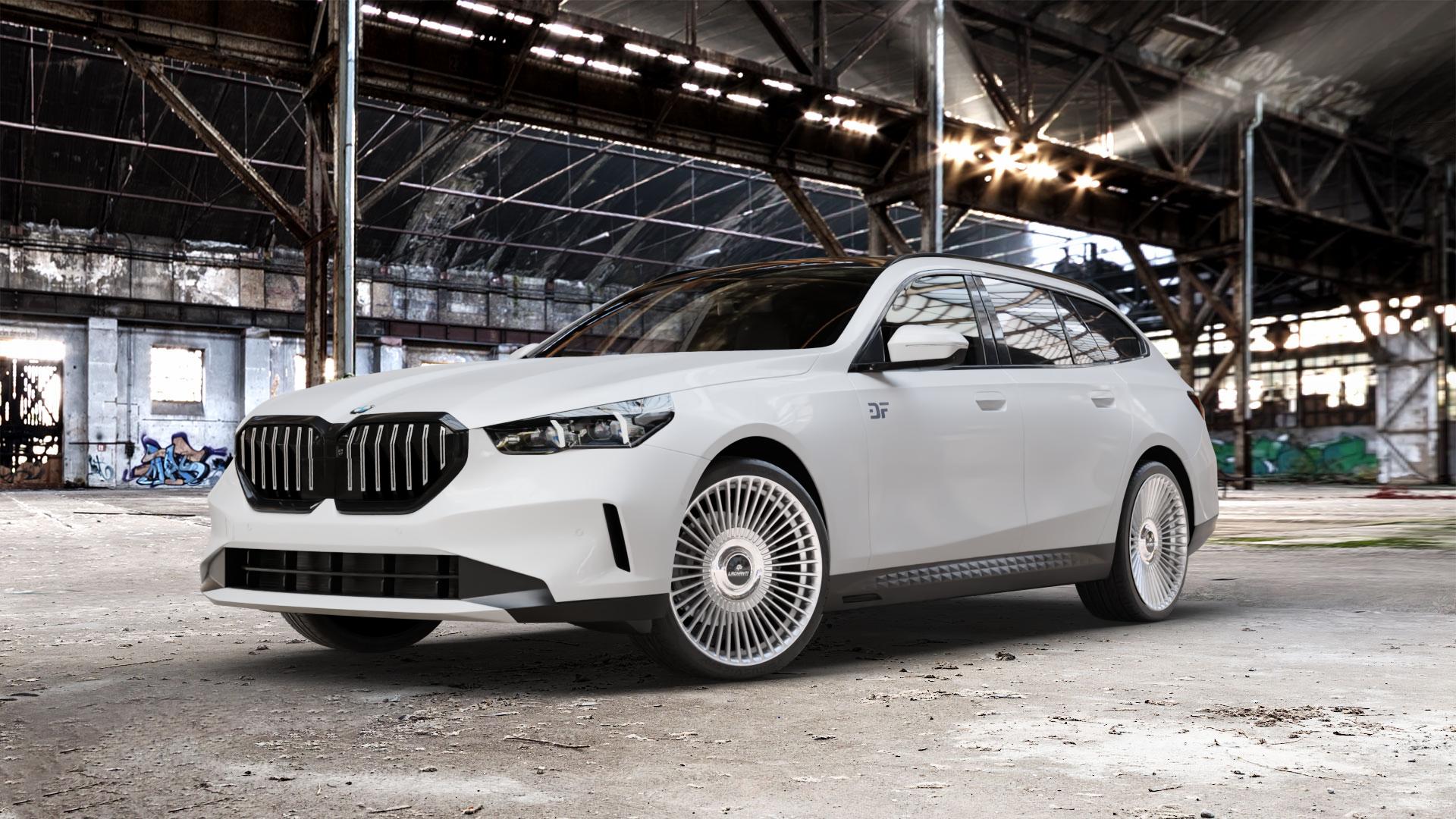 La Chanti Performance LC-P19 (Floating Cap) Machined Silver Felge mit Reifen silber in 21Zoll Alufelge auf weissem BMW 520d Typ G61 (Touring) xDrive 5er Touring (G6K) ⬇️ mit 15mm Tieferlegung ⬇️ Old Industrial Hall_max_5300mm_2024 Frontansicht_1