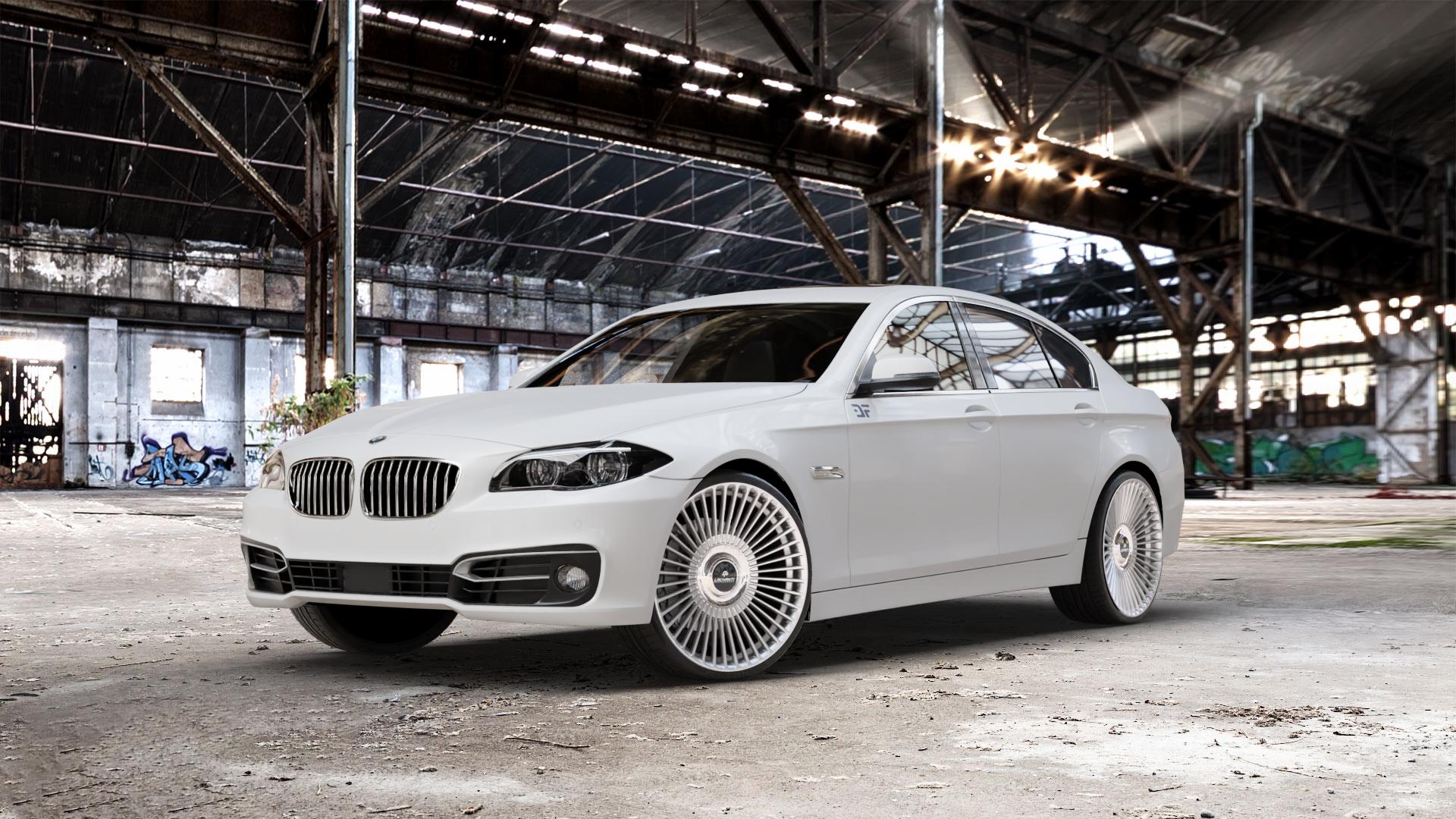 La Chanti Performance LC-P19 (Floating Cap) Machined Silver Felge mit Reifen silber in 21Zoll Alufelge auf weissem BMW 523i Typ F10 (Limousine) 528i 535i 550i 520d 525d 530d 535d xDrive 520i 530i M5 M550d 518d ActiveHybrid 5L (F10) 5er Limousine (5L, HY) Lang (KL) ⬇️ mit 15mm Tieferlegung ⬇️ Old Industrial Hall_max_5300mm_2024 Frontansicht_1