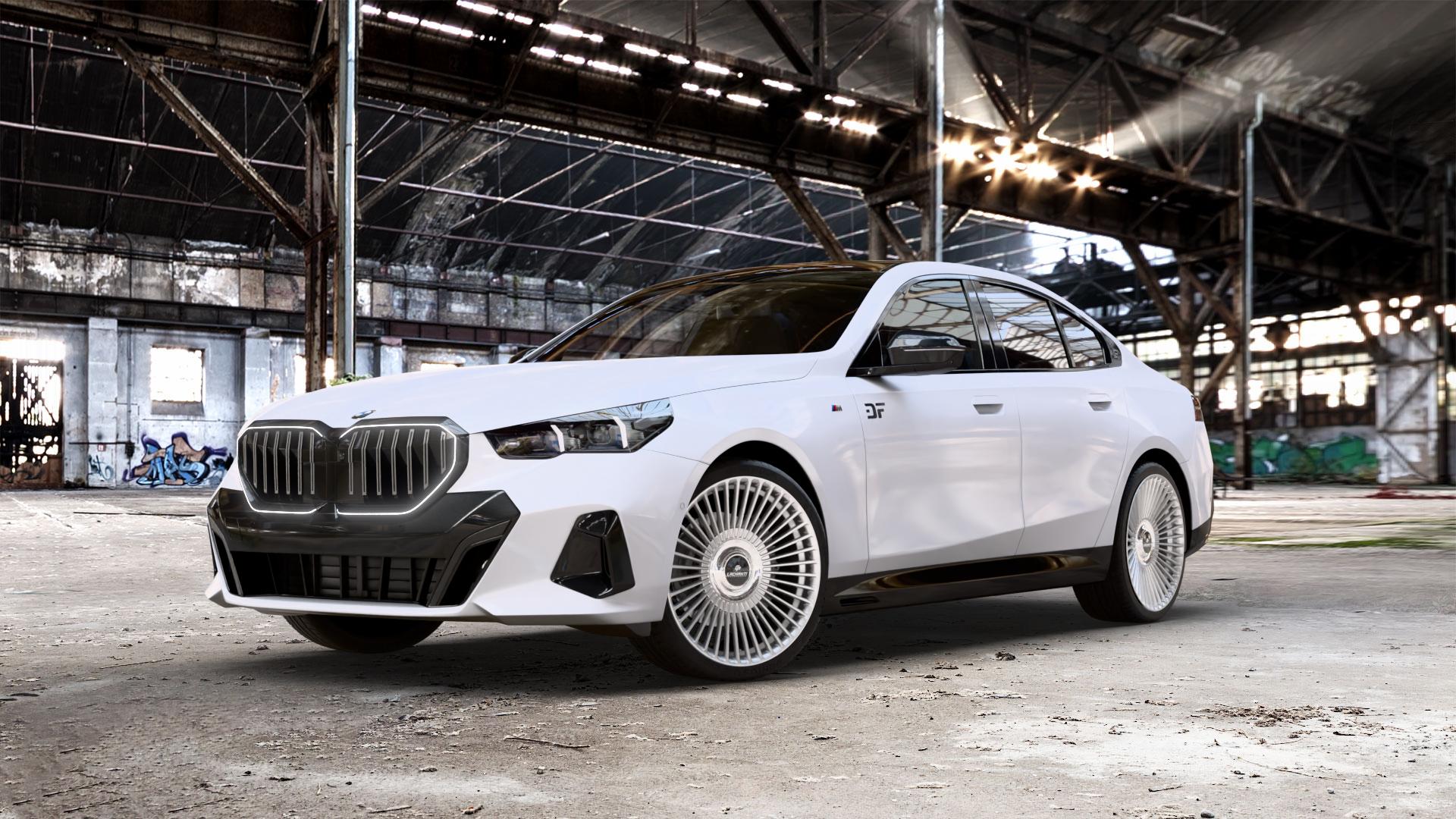 La Chanti Performance LC-P19 (Floating Cap) Machined Silver Felge mit Reifen silber in 21Zoll Alufelge auf weissem BMW 550e xDrive Typ G60 (Limousine) ⬇️ mit 15mm Tieferlegung ⬇️ Old Industrial Hall_max_5300mm_2024 Frontansicht_1