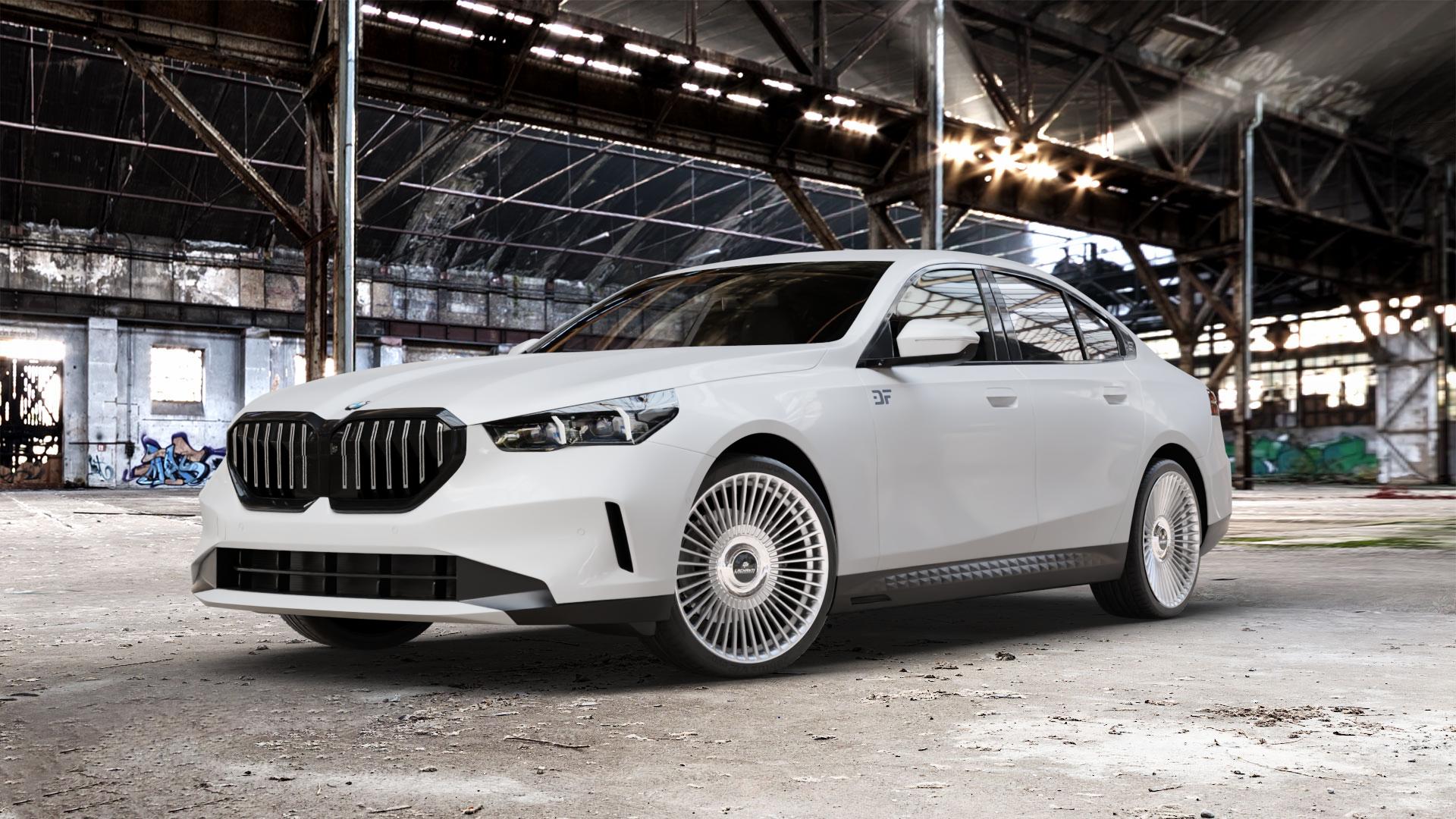 La Chanti Performance LC-P19 (Floating Cap) Machined Silver Felge mit Reifen silber in 21Zoll Alufelge auf weissem BMW 5er G60 Limousine (G6L) ⬇️ mit 15mm Tieferlegung ⬇️ Old Industrial Hall_max_5300mm_2024 Frontansicht_1