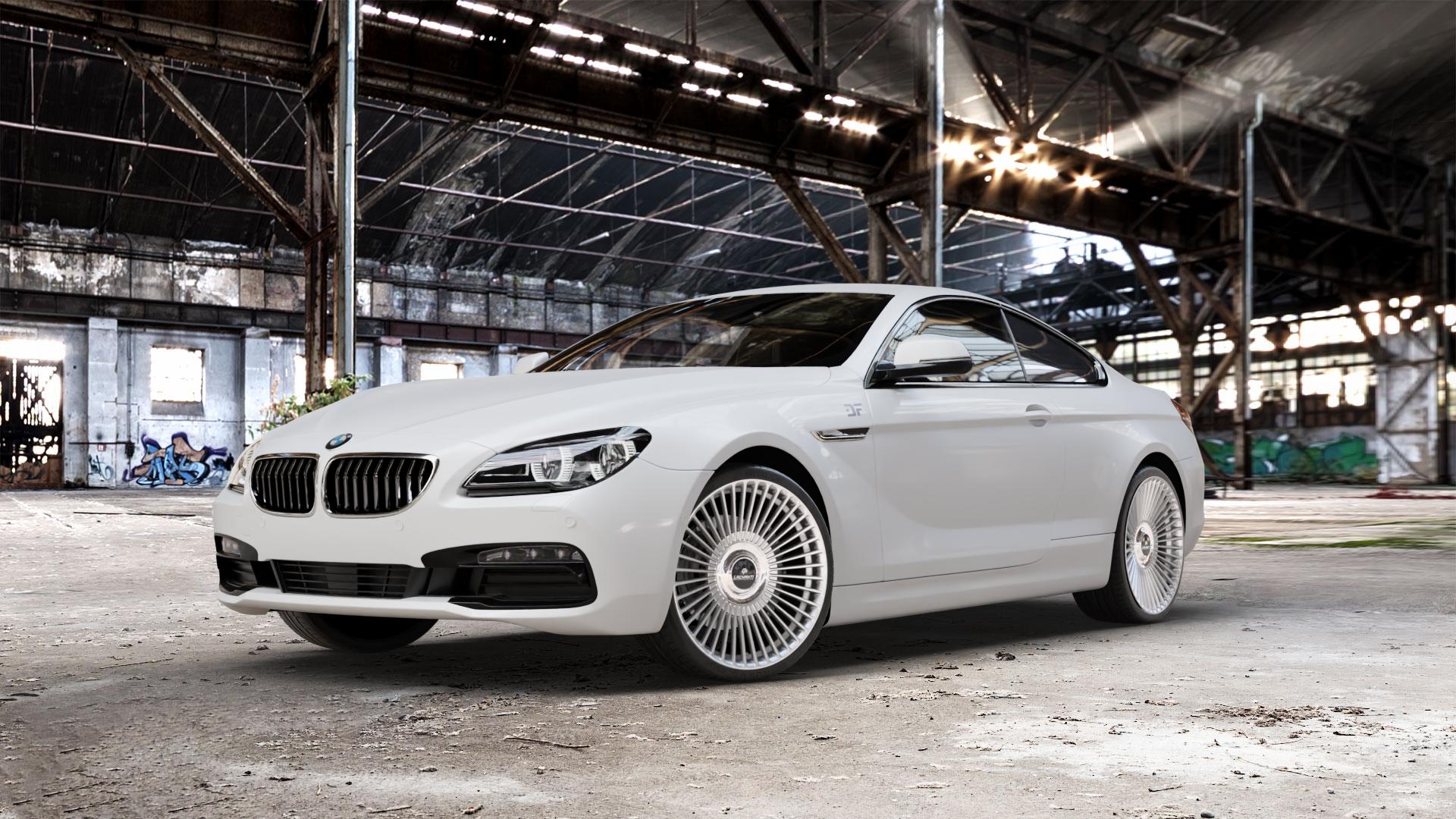 La Chanti Performance LC-P19 (Floating Cap) Machined Silver Felge mit Reifen silber in 21Zoll Alufelge auf weissem BMW 640i Typ F13 (Coupe) 650i 640d xDrive ⬇️ mit 15mm Tieferlegung ⬇️ Old Industrial Hall_max_5300mm_2024 Frontansicht_1