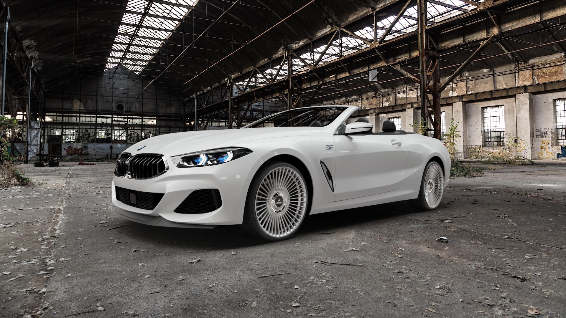 La Chanti Performance LC-P19 (Floating Cap) Machined Silver Felge mit Reifen silber in 21Zoll Alufelge auf weissem BMW 840d xDrive Typ G14 3,0l 235kW (320 PS) M850i 4,4l 390kW (530 840i 250kW (340 M8 F8CM (Cabrio) 8er Cabrio (G8C) ⬇️ mit 15mm Tieferlegung ⬇️ Old Industrial Hall_max5000mm_2022 Frontansicht_1