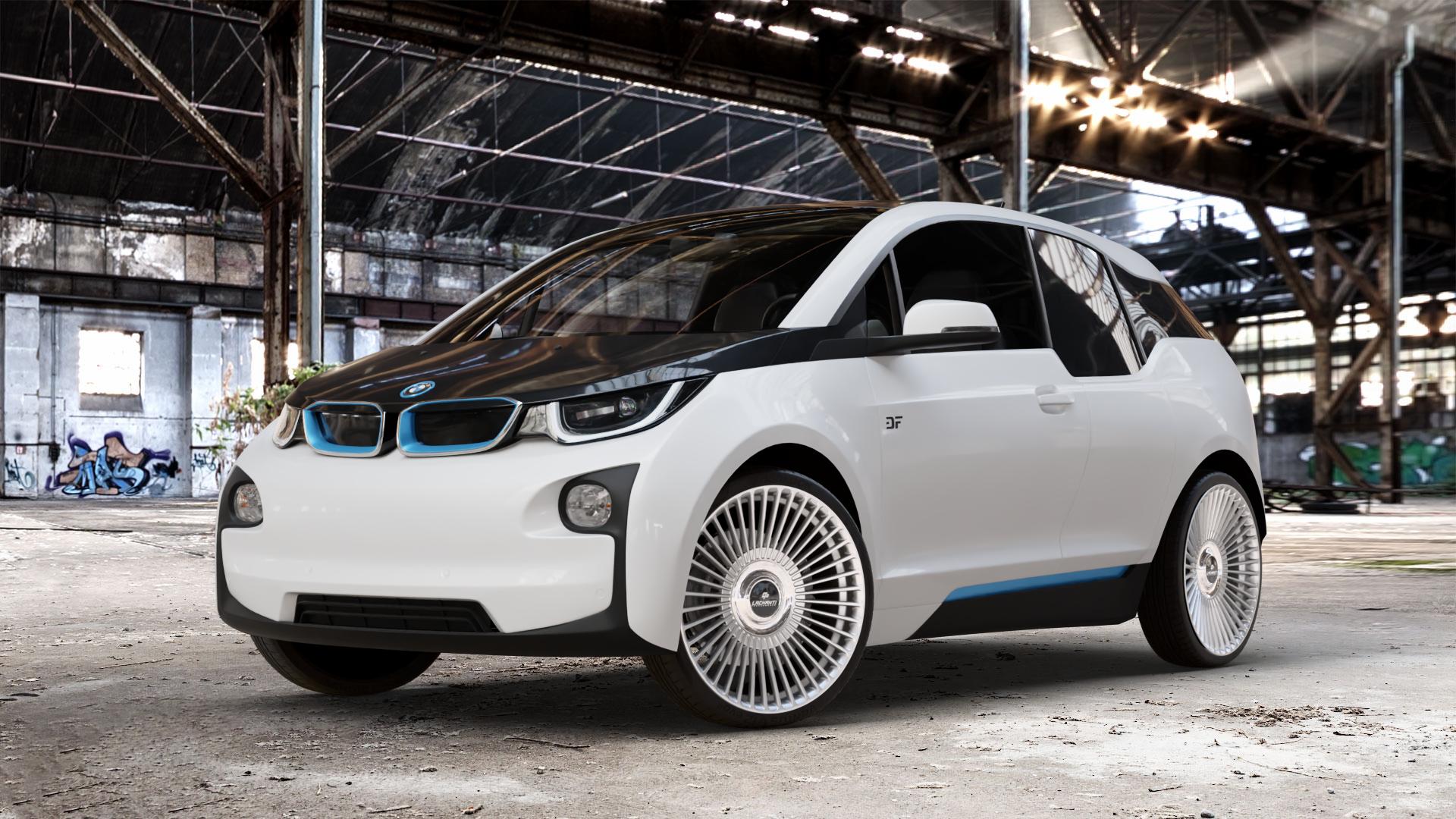 La Chanti Performance LC-P19 (Floating Cap) Machined Silver Felge mit Reifen silber in 21Zoll Alufelge auf weissem BMW i3 (BMWi-1) Range Extender i3s ⬇️ mit 15mm Tieferlegung ⬇️ Old Industrial Hall_max_4400mm_2024 Frontansicht_1