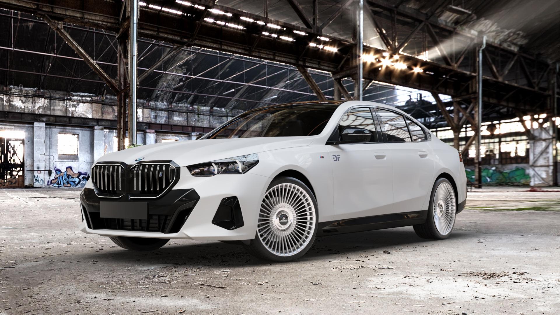 La Chanti Performance LC-P19 (Floating Cap) Machined Silver Felge mit Reifen silber in 21Zoll Alufelge auf weissem BMW i5 (G6E) 0,0l M60 xDrive 127kW (173 PS) ⬇️ mit 15mm Tieferlegung ⬇️ Old Industrial Hall_max_5300mm_2024 Frontansicht_1