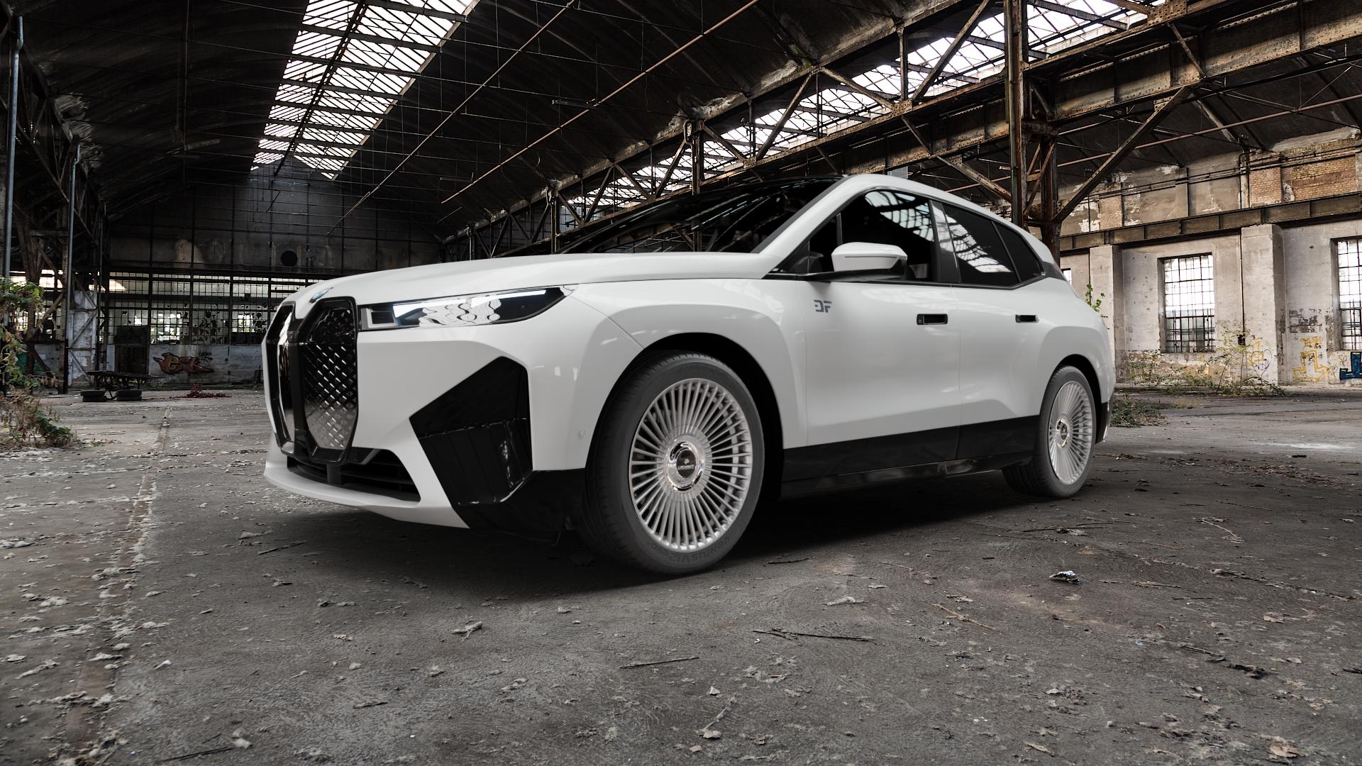 La Chanti Performance LC-P19 (Floating Cap) Machined Silver Felge mit Reifen silber in 21Zoll Alufelge auf weissem BMW iX (BMWi-N) 0,0l xDrive40 102kW (139 PS) xDrive50 140kW (190 ⬇️ mit 15mm Tieferlegung ⬇️ Old Industrial Hall_max5000mm_2022 Frontansicht_1