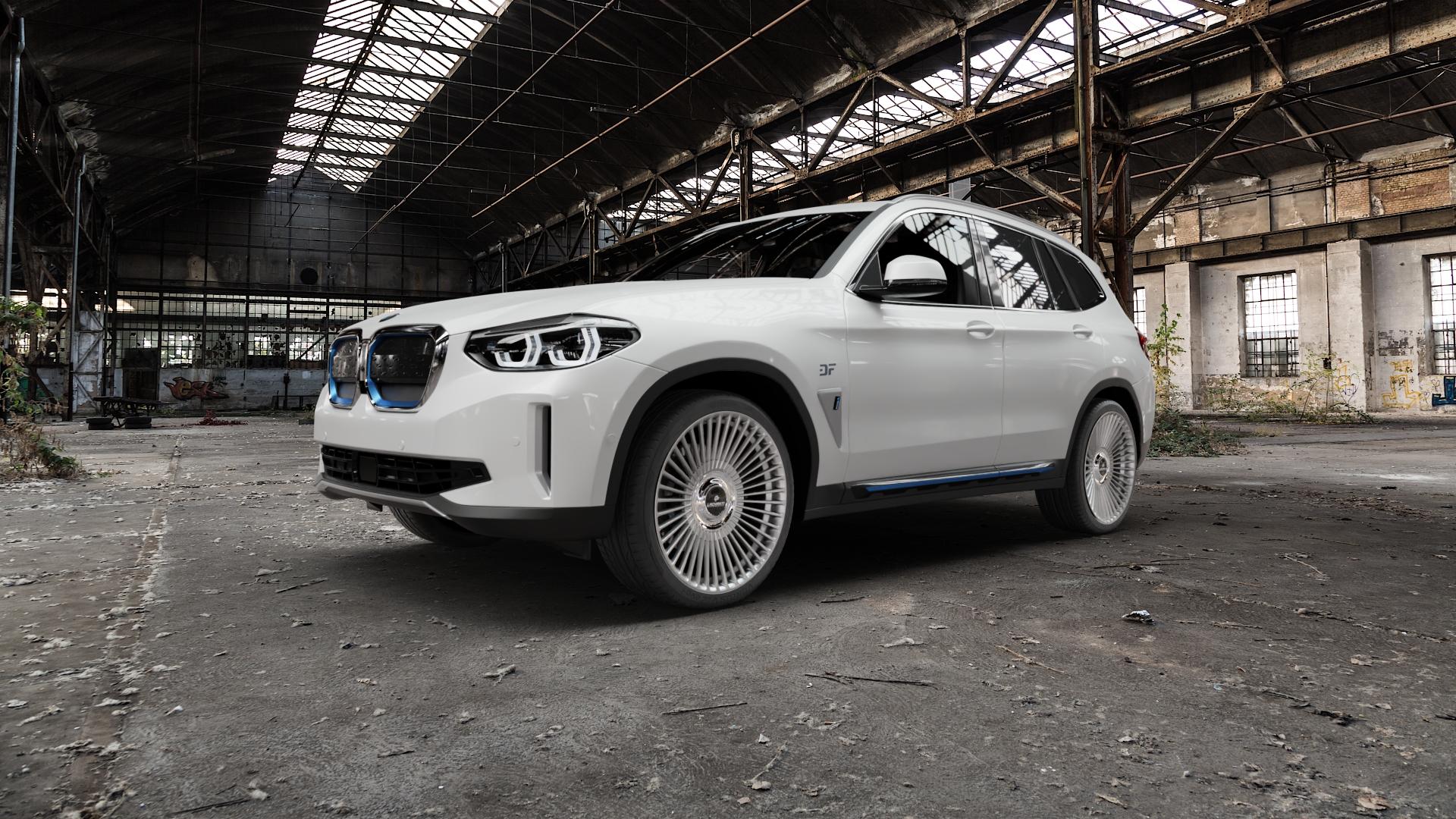 La Chanti Performance LC-P19 (Floating Cap) Machined Silver Felge mit Reifen silber in 21Zoll Alufelge auf weissem BMW iX3 (G3XE) ⬇️ mit 15mm Tieferlegung ⬇️ Old Industrial Hall_max5000mm_2022 Frontansicht_1