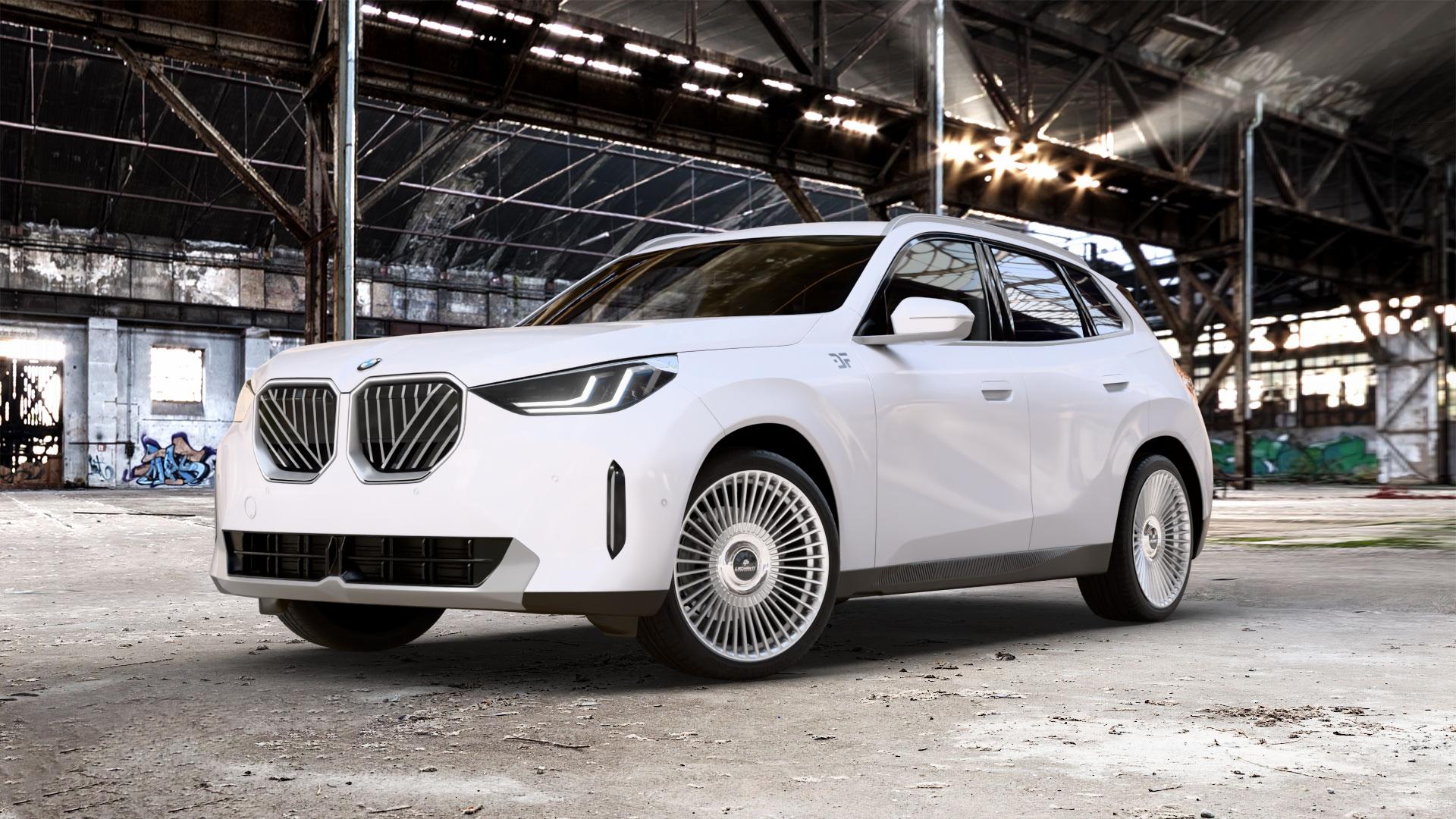 La Chanti Performance LC-P19 (Floating Cap) Machined Silver Felge mit Reifen silber in 21Zoll Alufelge auf weissem BMW X3 Typ G45 (G3XN) ⬇️ mit 15mm Tieferlegung ⬇️ Old Industrial Hall_max_5300mm_2024 Frontansicht_1