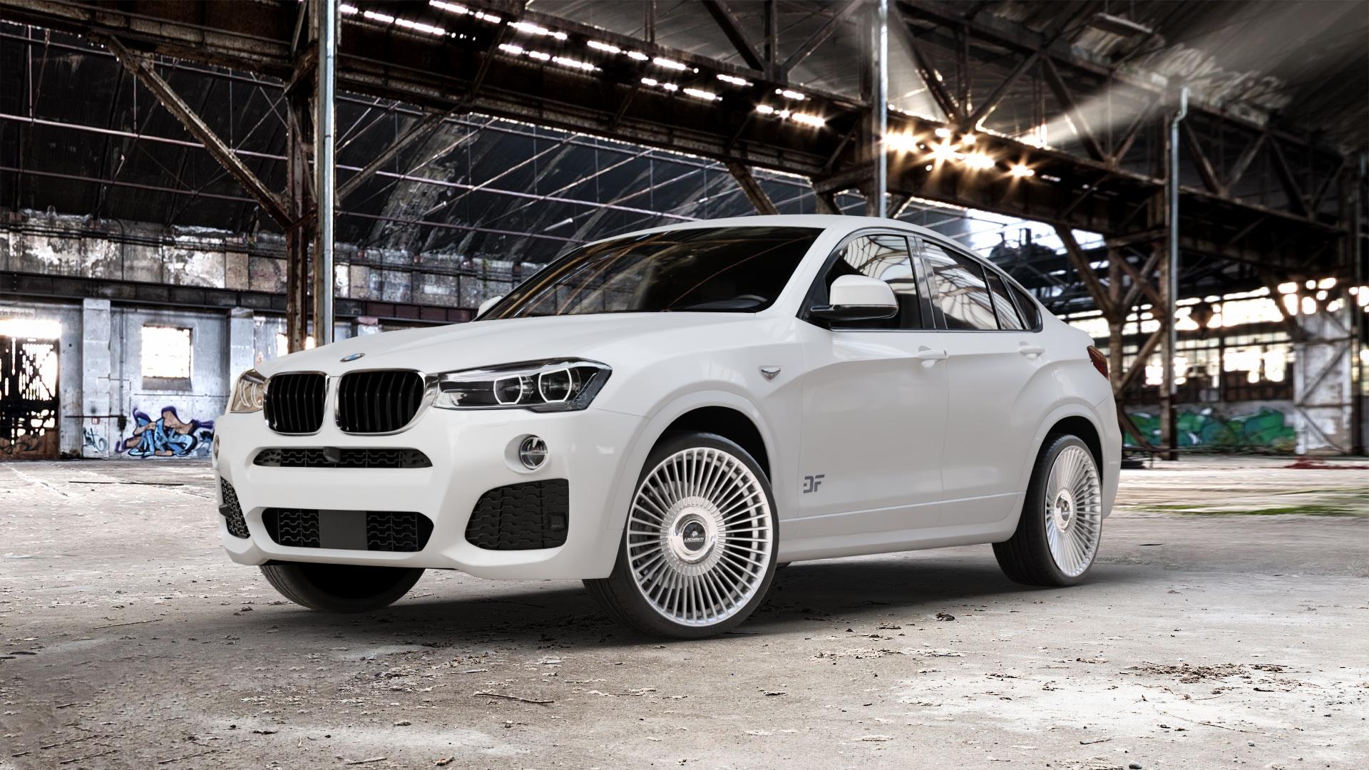 La Chanti Performance LC-P19 (Floating Cap) Machined Silver Felge mit Reifen silber in 21Zoll Alufelge auf weissem BMW X4 Typ F26 (X3, X-N1) ⬇️ mit 15mm Tieferlegung ⬇️ Old Industrial Hall_max_5300mm_2024 Frontansicht_1
