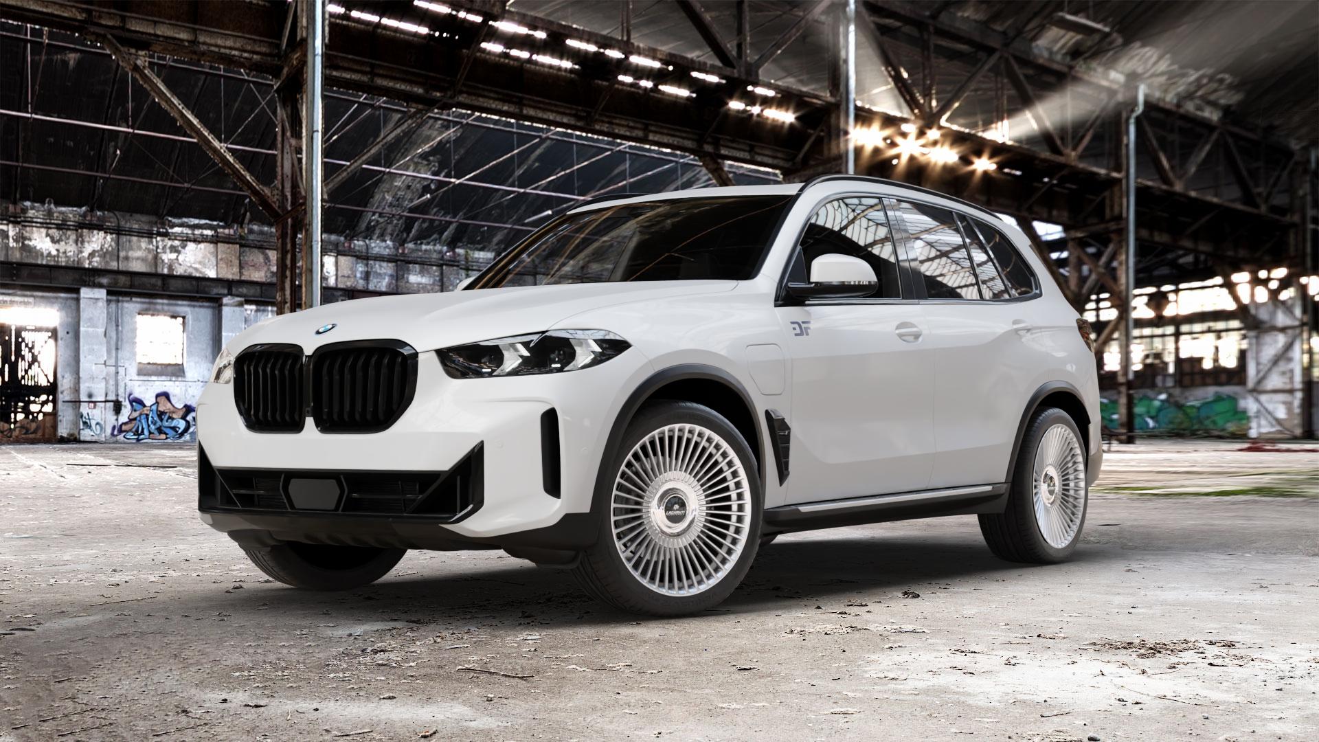 La Chanti Performance LC-P19 (Floating Cap) Machined Silver Felge mit Reifen silber in 21Zoll Alufelge auf weissem BMW X5 Typ G05 (G5X) Facelift ⬇️ mit 15mm Tieferlegung ⬇️ Old Industrial Hall_max_5300mm_2024 Frontansicht_1