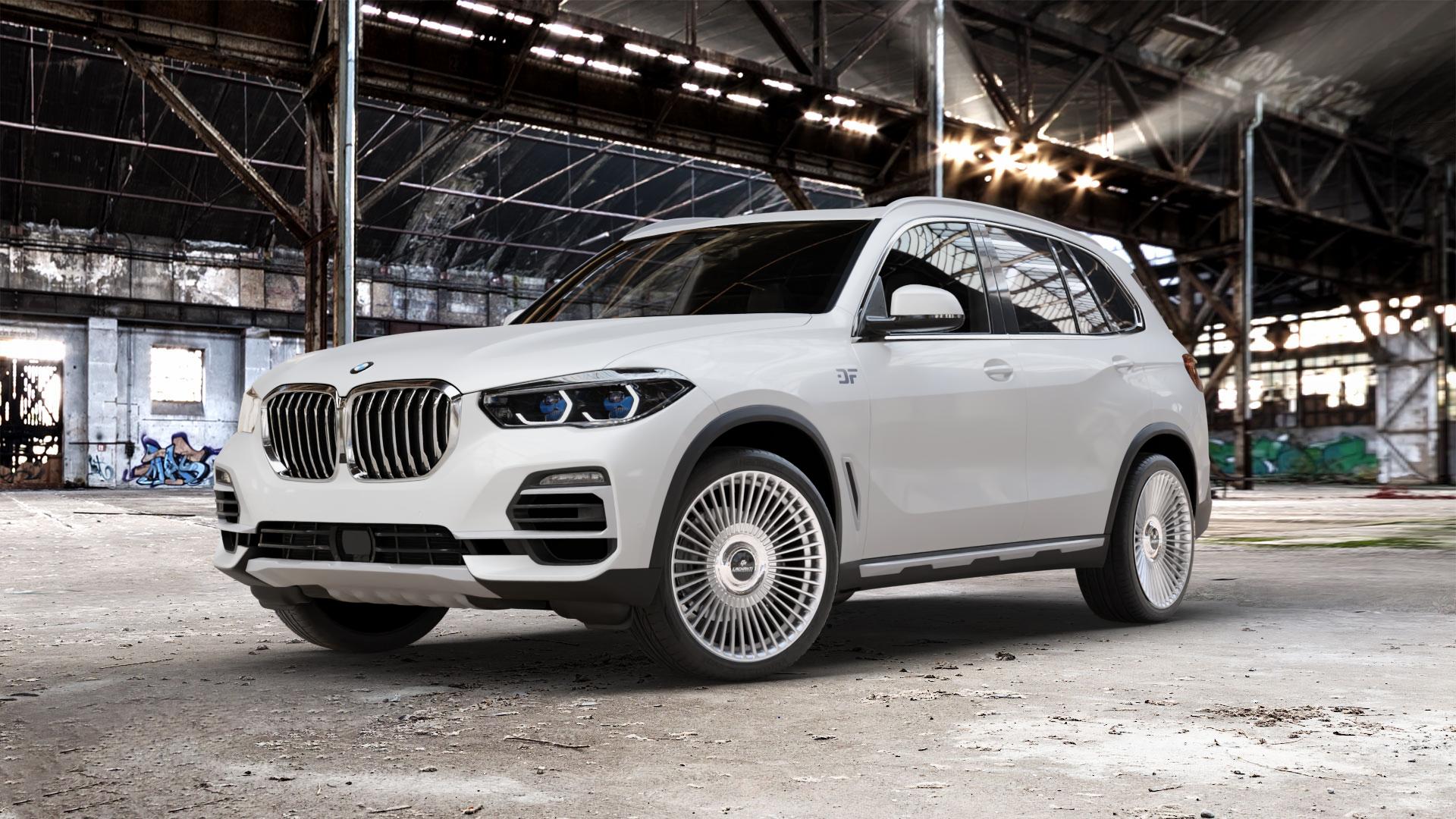 La Chanti Performance LC-P19 (Floating Cap) Machined Silver Felge mit Reifen silber in 21Zoll Alufelge auf weissem BMW X5 Typ G05 (G5X) ⬇️ mit 15mm Tieferlegung ⬇️ Old Industrial Hall_max_5300mm_2024 Frontansicht_1