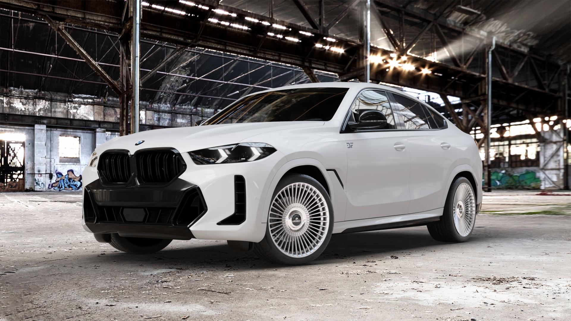 La Chanti Performance LC-P19 (Floating Cap) Machined Silver Felge mit Reifen silber in 21Zoll Alufelge auf weissem BMW X6 Typ G06 (G6X) Facelift ⬇️ mit 15mm Tieferlegung ⬇️ Old Industrial Hall_max_5300mm_2024 Frontansicht_1
