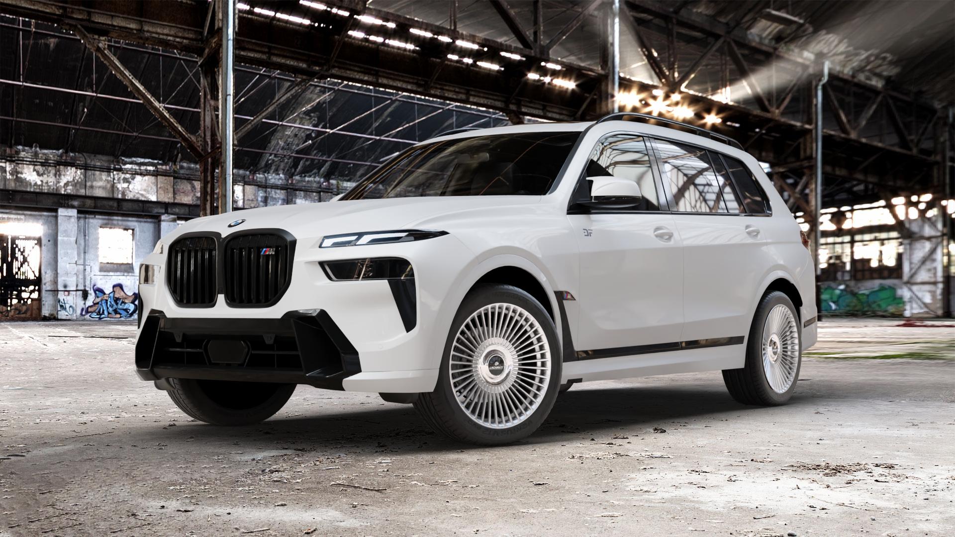 La Chanti Performance LC-P19 (Floating Cap) Machined Silver Felge mit Reifen silber in 21Zoll Alufelge auf weissem BMW X7 Typ G07 (G7X) Facelift ⬇️ mit 15mm Tieferlegung ⬇️ Old Industrial Hall_max_5300mm_2024 Frontansicht_1