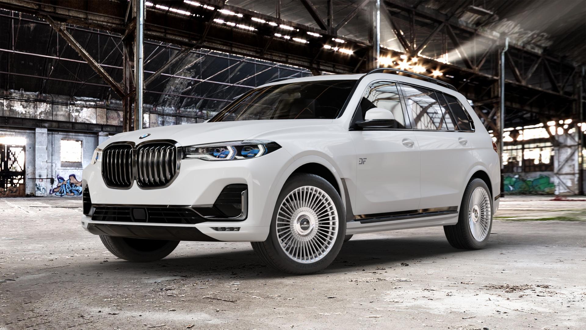 La Chanti Performance LC-P19 (Floating Cap) Machined Silver Felge mit Reifen silber in 21Zoll Alufelge auf weissem BMW X7 Typ G07 (G7X) ⬇️ mit 15mm Tieferlegung ⬇️ Old Industrial Hall_max_5300mm_2024 Frontansicht_1
