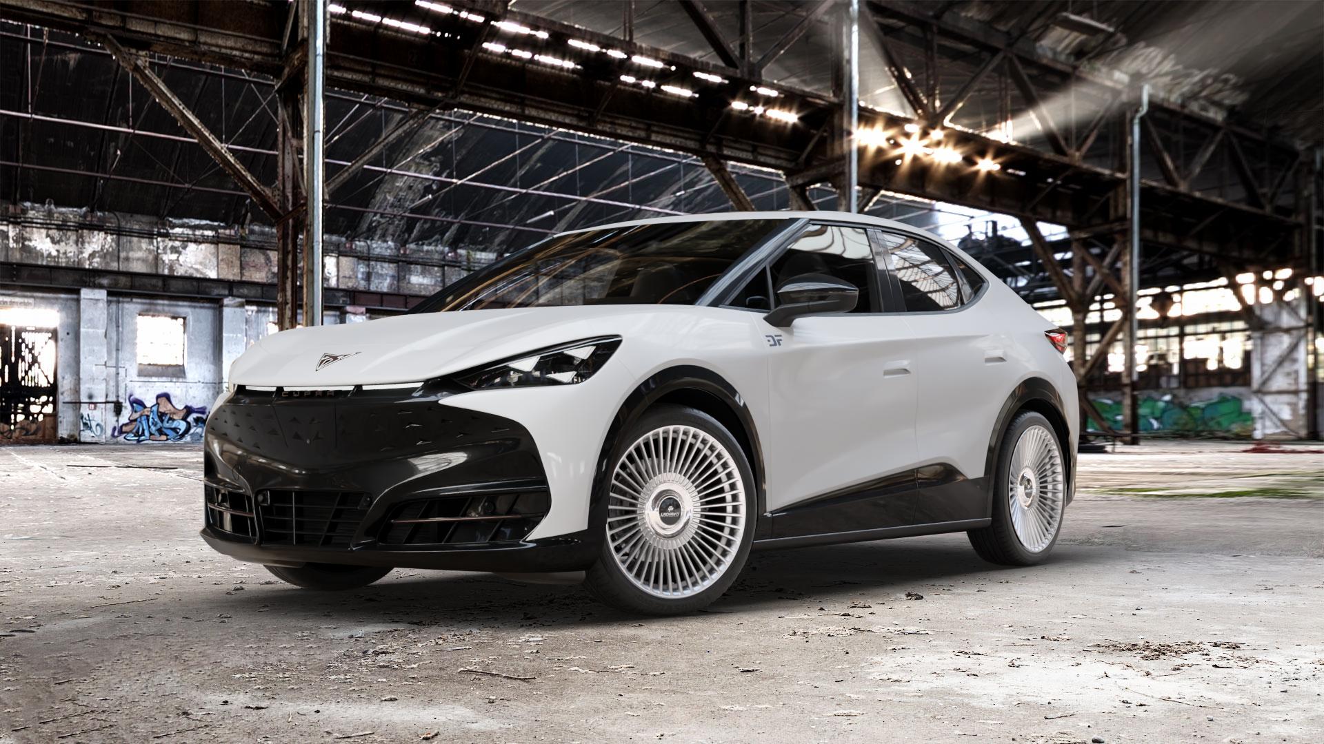 La Chanti Performance LC-P19 (Floating Cap) Machined Silver Felge mit Reifen silber in 21Zoll Alufelge auf weissem Cupra Tavascan Typ KR ⬇️ mit 15mm Tieferlegung ⬇️ Old Industrial Hall_max_5300mm_2024 Frontansicht_1