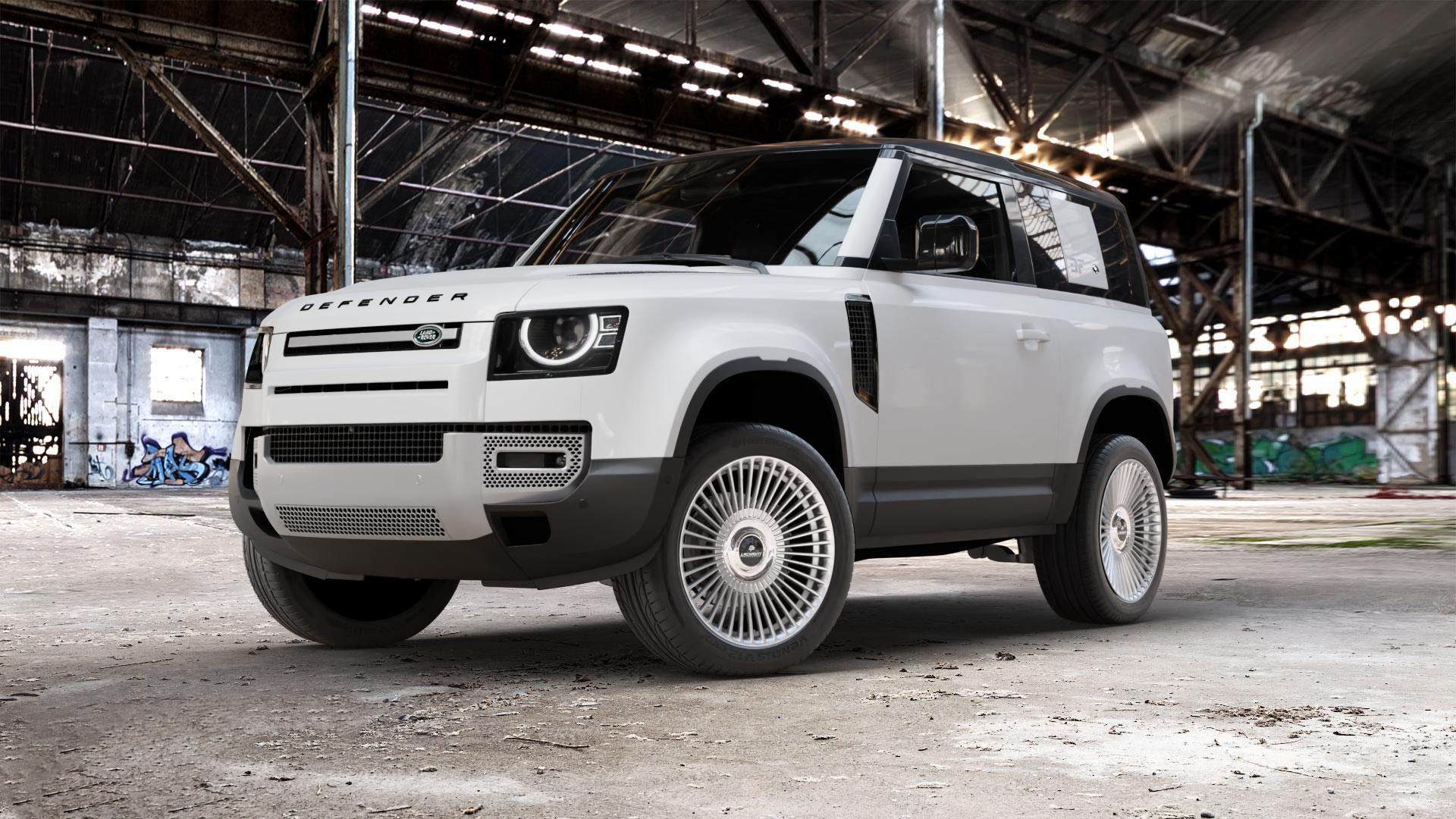 La Chanti Performance LC-P19 (Floating Cap) Machined Silver Felge mit Reifen silber in 21Zoll Alufelge auf weissem Land Rover Defender 90 Typ LE ⬇️ mit 15mm Tieferlegung ⬇️ Old Industrial Hall_max_5300mm_2024 Frontansicht_1
