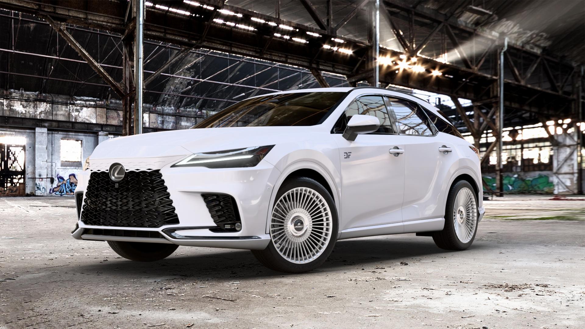 La Chanti Performance LC-P19 (Floating Cap) Machined Silver Felge mit Reifen silber in 21Zoll Alufelge auf weissem Lexus RX V Typ AL3(M) 2,5l 140kW RX350H AWD (190 PS) 136kW RX450H+ (185 2,4l 200kW RX500H (272 AL3(M)-TGRE ⬇️ mit 15mm Tieferlegung ⬇️ Old Industrial Hall_max_5300mm_2024 Frontansicht_1