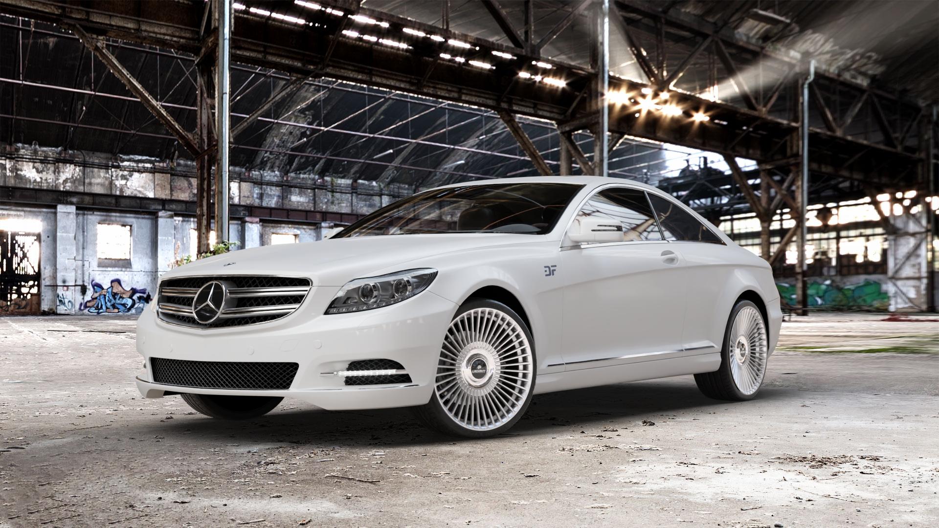 La Chanti Performance LC-P19 (Floating Cap) Machined Silver Felge mit Reifen silber in 21Zoll Alufelge auf weissem Mercedes CL-Klasse Typ C216 ⬇️ mit 15mm Tieferlegung ⬇️ Old Industrial Hall_max_5300mm_2024 Frontansicht_1