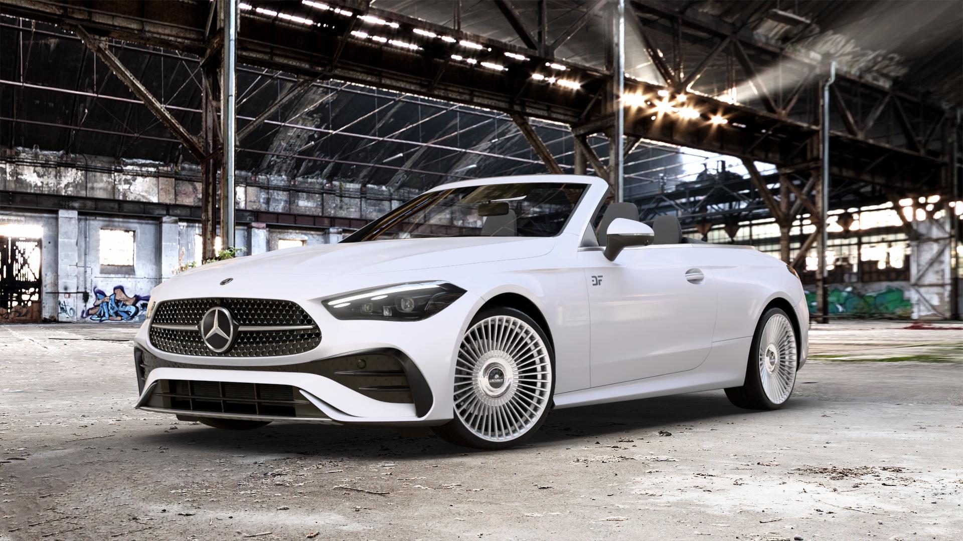 La Chanti Performance LC-P19 (Floating Cap) Machined Silver Felge mit Reifen silber in 21Zoll Alufelge auf weissem Mercedes CLE Typ C236 Cabrio 2,0l 180 125kW Mild-Hybrid (170 PS) 200 150kW (204 4Matic 220d 145kW (197 300 190kW (258 3,0l 450 280kW (381 AMG 53 330kW (449 ⬇️ mit 15mm Tieferlegung ⬇️ Old Industrial Hall_max_5300mm_2024 Frontansicht_1