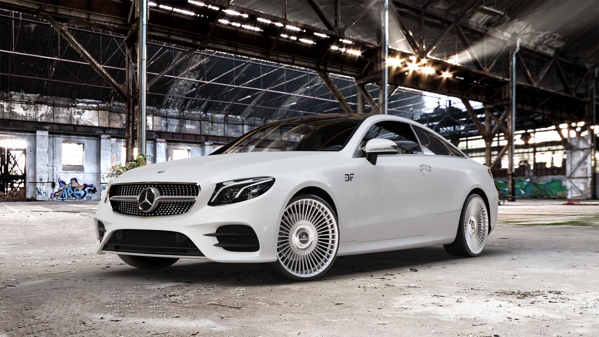 La Chanti Performance LC-P19 (Floating Cap) Machined Silver Felge mit Reifen silber in 21Zoll Alufelge auf weissem Mercedes E-Klasse Typ C238 Coupe (R1EC) ⬇️ mit 15mm Tieferlegung ⬇️ Old Industrial Hall_max_5300mm_2024 Frontansicht_1