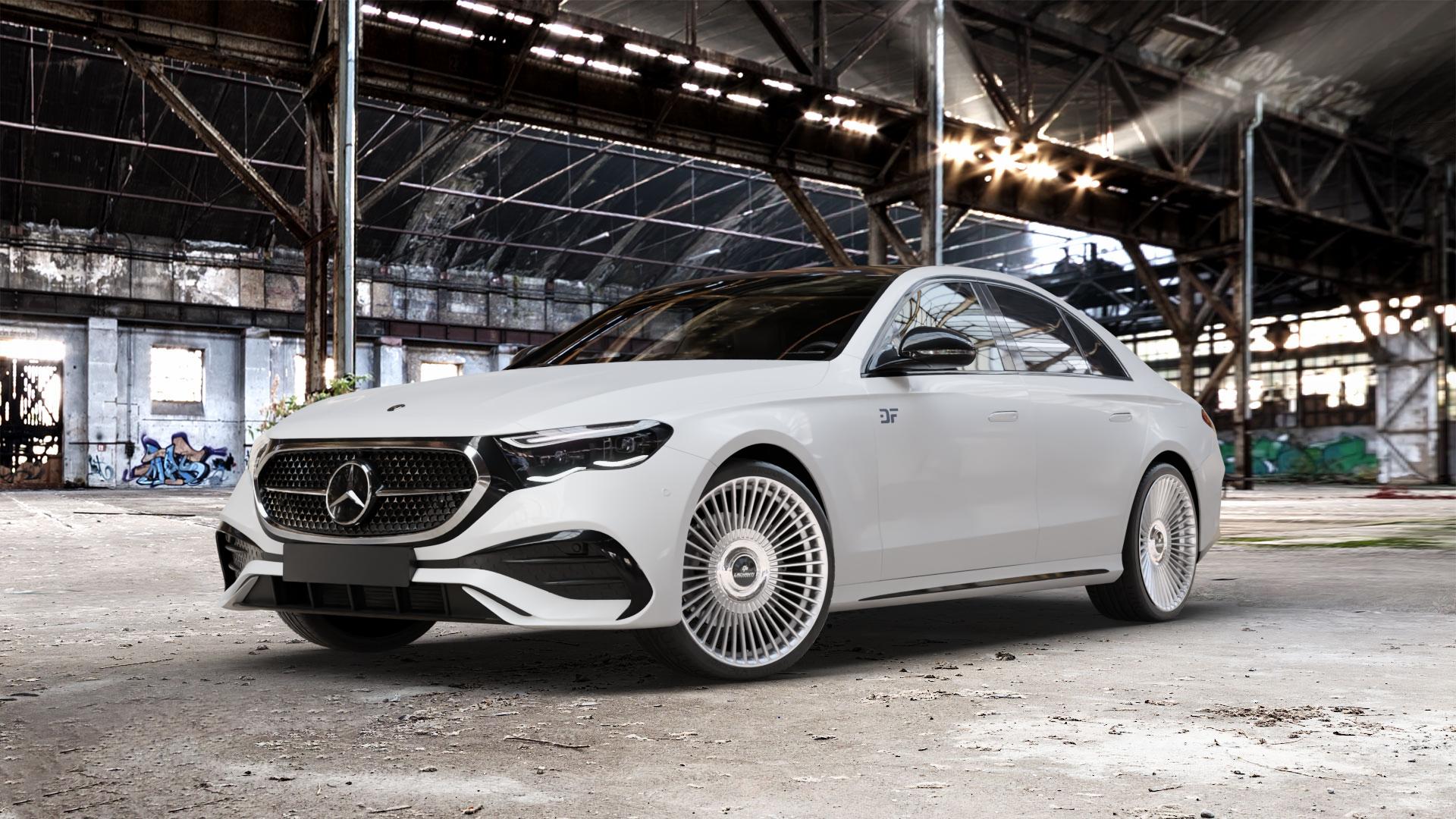La Chanti Performance LC-P19 (Floating Cap) Machined Silver Felge mit Reifen silber in 21Zoll Alufelge auf weissem Mercedes E-Klasse Typ W214 Limousine (R2EW) ⬇️ mit 15mm Tieferlegung ⬇️ Old Industrial Hall_max_5300mm_2024 Frontansicht_1
