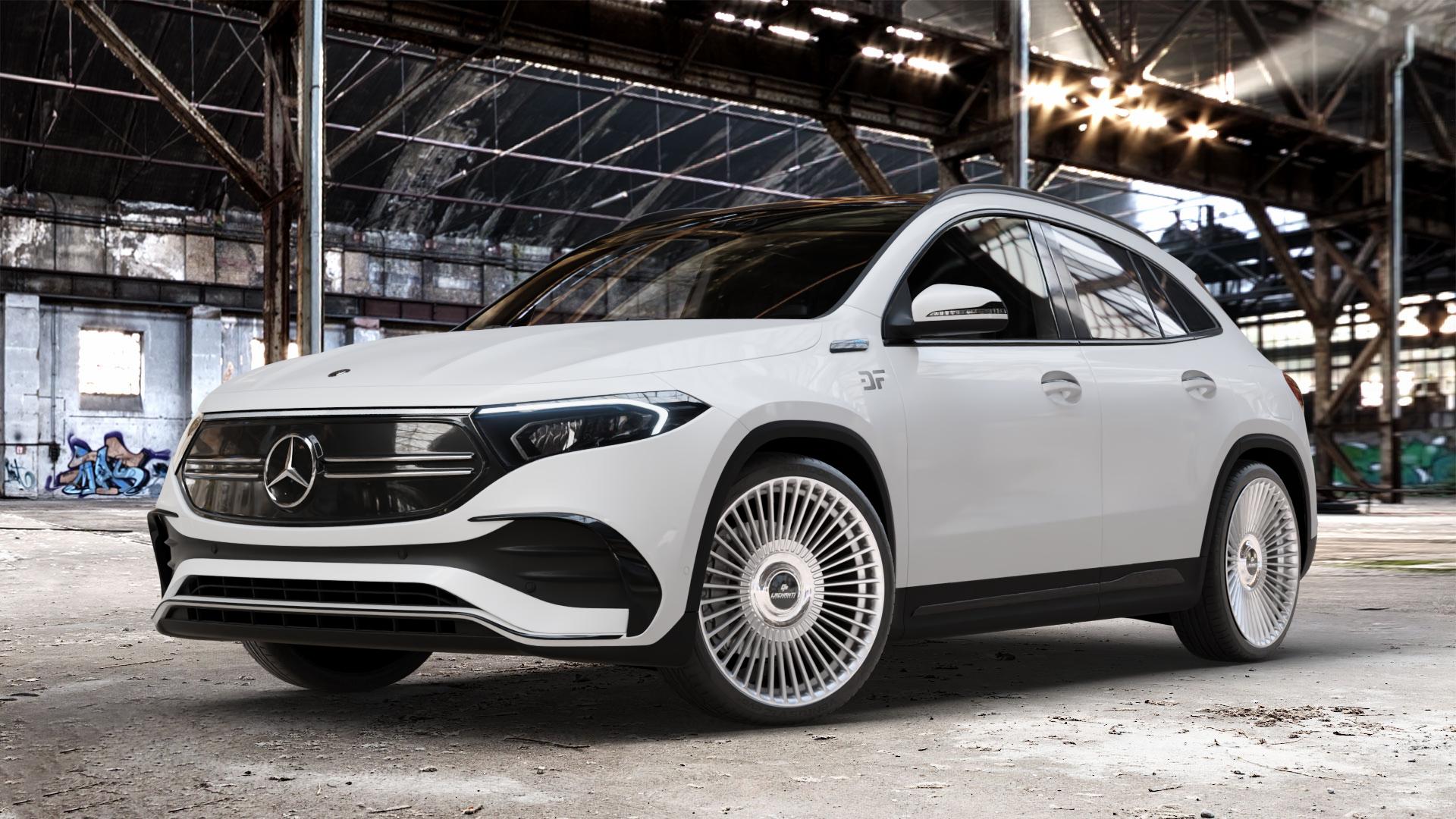 La Chanti Performance LC-P19 (Floating Cap) Machined Silver Felge mit Reifen silber in 21Zoll Alufelge auf weissem Mercedes EQA Typ F2B ⬇️ mit 15mm Tieferlegung ⬇️ Old Industrial Hall_max_4400mm_2024 Frontansicht_1
