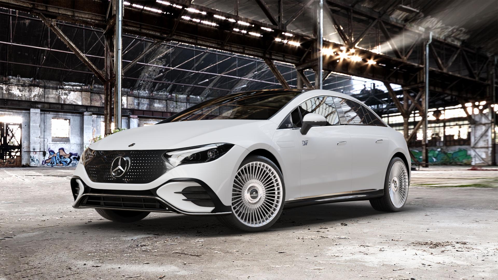 La Chanti Performance LC-P19 (Floating Cap) Machined Silver Felge mit Reifen silber in 21Zoll Alufelge auf weissem Mercedes EQE Typ E2EQEW ⬇️ mit 15mm Tieferlegung ⬇️ Old Industrial Hall_max_5300mm_2024 Frontansicht_1
