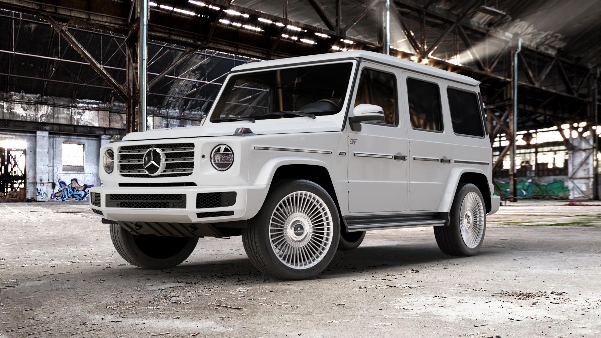 La Chanti Performance LC-P19 (Floating Cap) Machined Silver Felge mit Reifen silber in 21Zoll Alufelge auf weissem Mercedes G-Klasse Typ W463 Facelift (18->) ⬇️ mit 15mm Tieferlegung ⬇️ Old Industrial Hall_max_5300mm_2024 Frontansicht_1