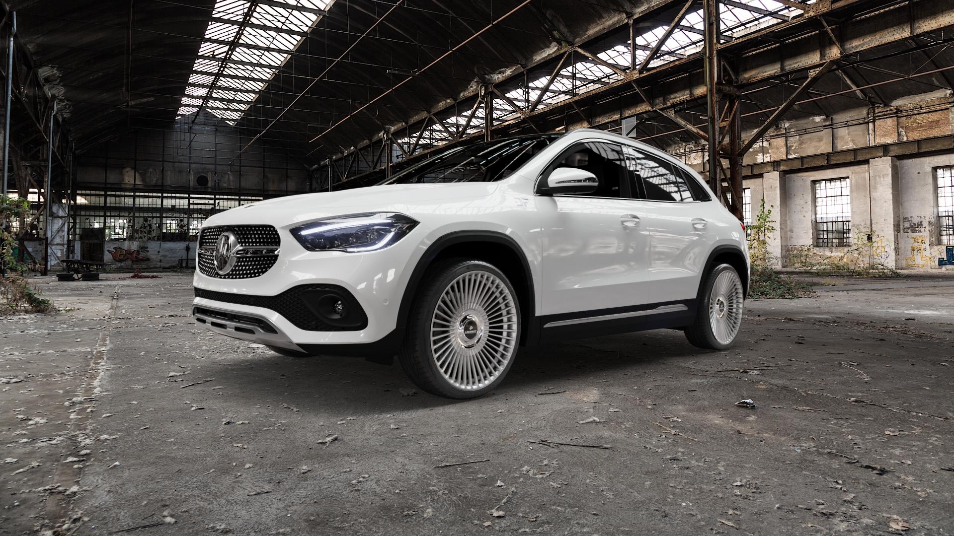 La Chanti Performance LC-P19 (Floating Cap) Machined Silver Felge mit Reifen silber in 21Zoll Alufelge auf weissem Mercedes GLA-Klasse Typ F2B ⬇️ mit 15mm Tieferlegung ⬇️ Old Industrial Hall_max5000mm_2022 Frontansicht_1