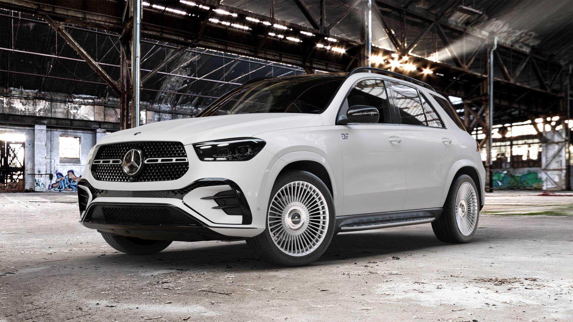 La Chanti Performance LC-P19 (Floating Cap) Machined Silver Felge mit Reifen silber in 21Zoll Alufelge auf weissem Mercedes GLE-Klasse SUV Typ V167 (H1GLE) Facelift ⬇️ mit 15mm Tieferlegung ⬇️ Old Industrial Hall_max_5300mm_2024 Frontansicht_1