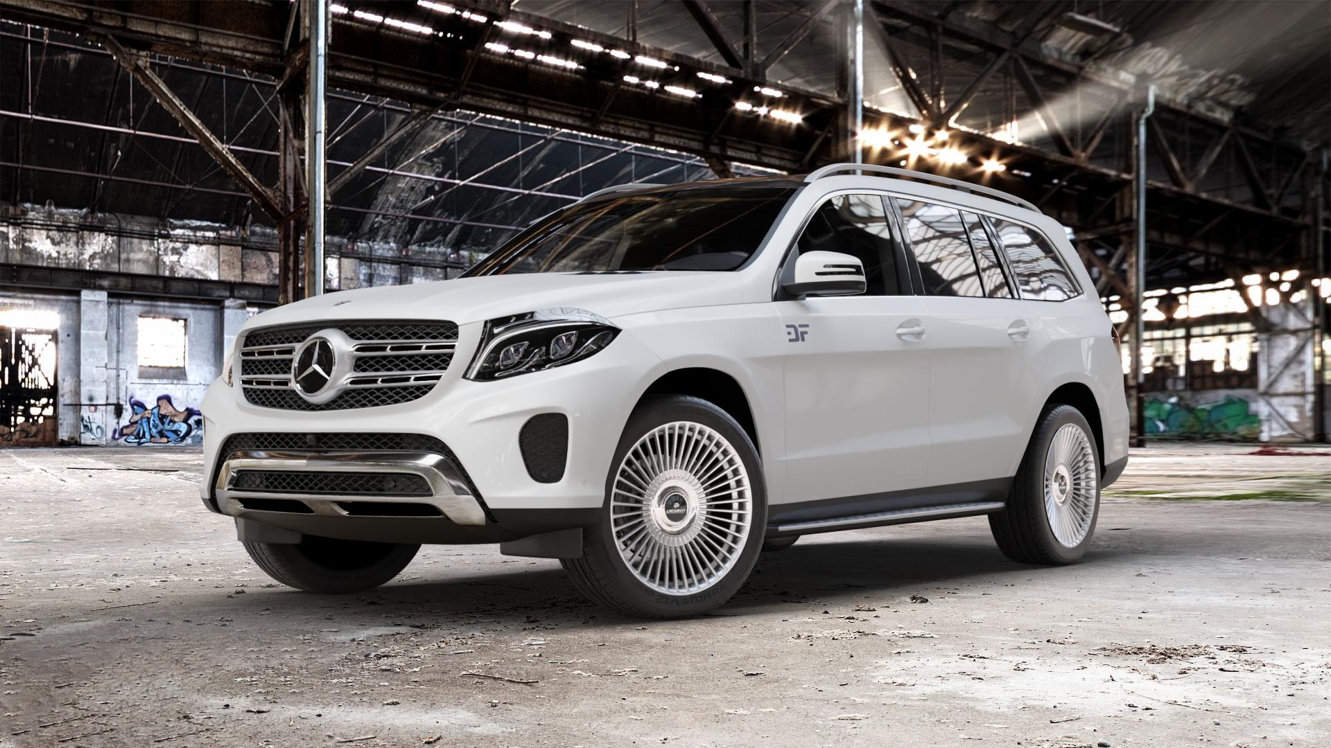 La Chanti Performance LC-P19 (Floating Cap) Machined Silver Felge mit Reifen silber in 21Zoll Alufelge auf weissem Mercedes GLS-Klasse Typ 166 3,0l 350 D 4Matic 190kW (258 PS) 400 245kW (333 4,7l 500 335kW (455 5,5l 63 AMG 4-Matic 430kW (585 ⬇️ mit 15mm Tieferlegung ⬇️ Old Industrial Hall_max_5300mm_2024 Frontansicht_1
