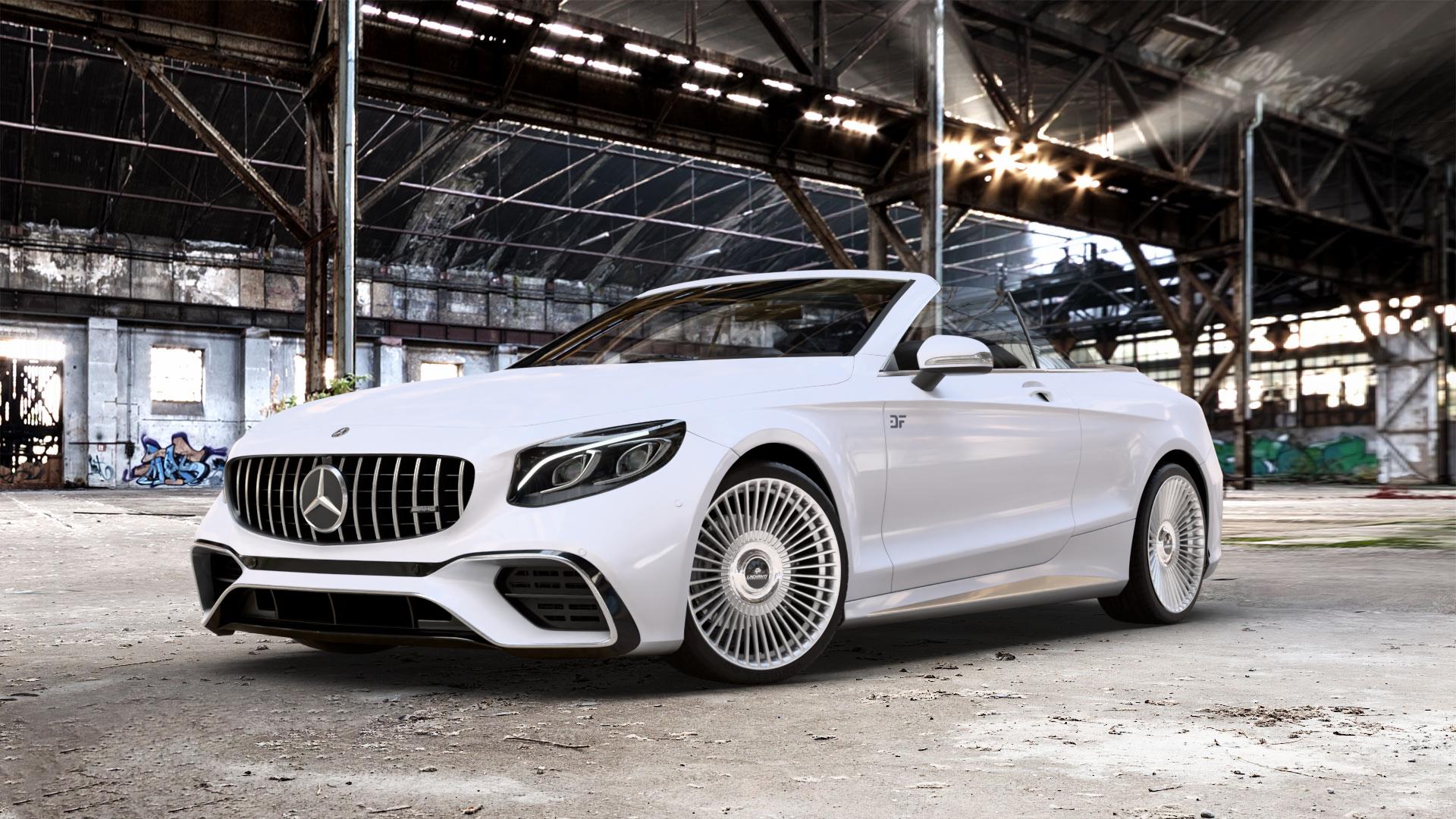 La Chanti Performance LC-P19 (Floating Cap) Machined Silver Felge mit Reifen silber in 21Zoll Alufelge auf weissem Mercedes S-Klasse Cabrio Typ 217 5,5l S 63 AMG 4Matic 430kW (585 PS) 6,0l 65 463kW (630 Facelift 4,0l 450kW (612 ⬇️ mit 15mm Tieferlegung ⬇️ Old Industrial Hall_max_5300mm_2024 Frontansicht_1