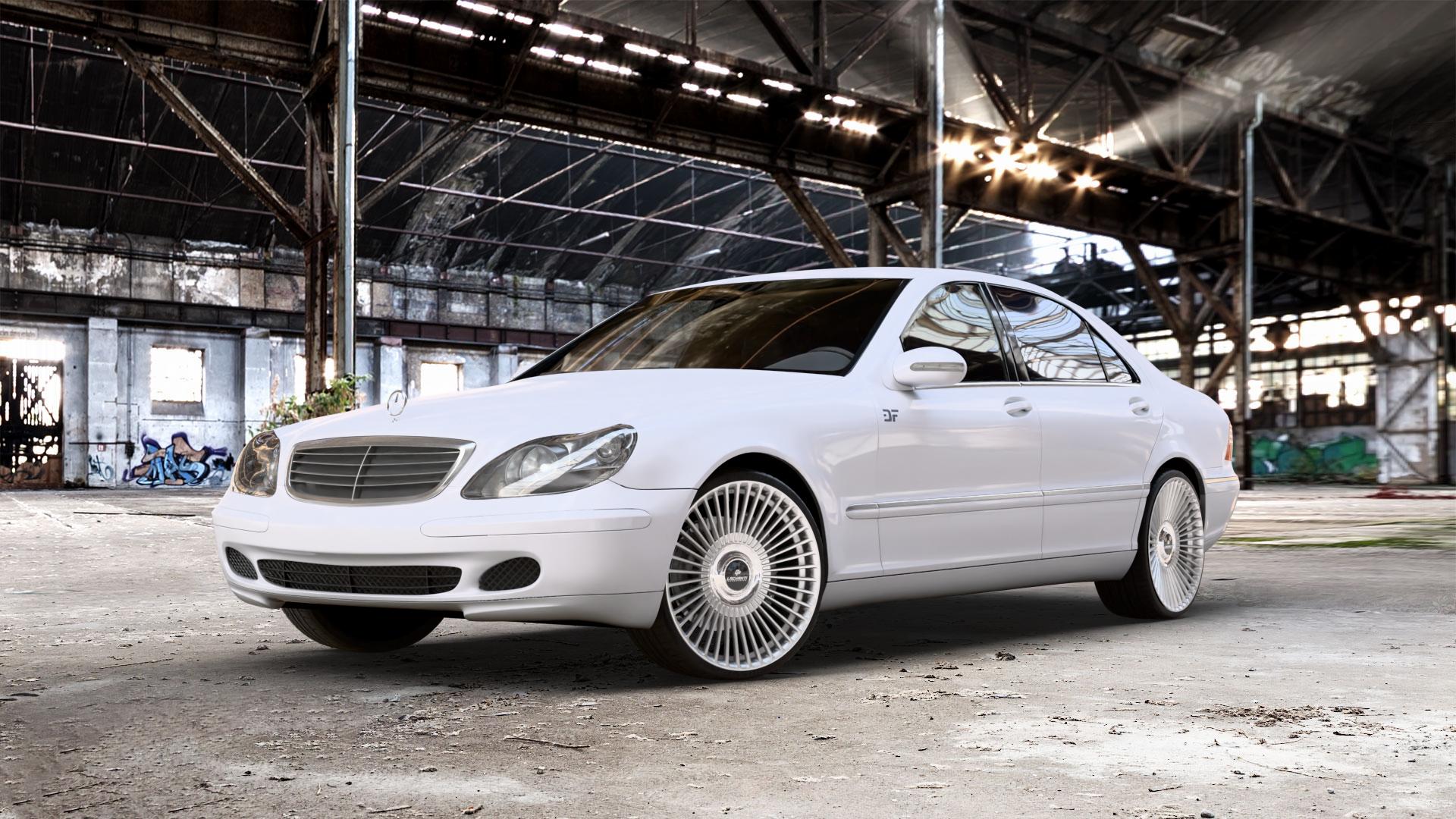 La Chanti Performance LC-P19 (Floating Cap) Machined Silver Felge mit Reifen silber in 21Zoll Alufelge auf weissem Mercedes S-Klasse Typ W220 2,8l S 280 150kW (204 PS) 3,2l 320 165kW (224 4,3l 430 205kW (279 5,0l 500 220kW (299 225kW (306 3,7l 350 180kW (245 CDI 145kW (197 4, ⬇️ mit 15mm Tieferlegung ⬇️ Old Industrial Hall_max_5300mm_2024 Frontansicht_1