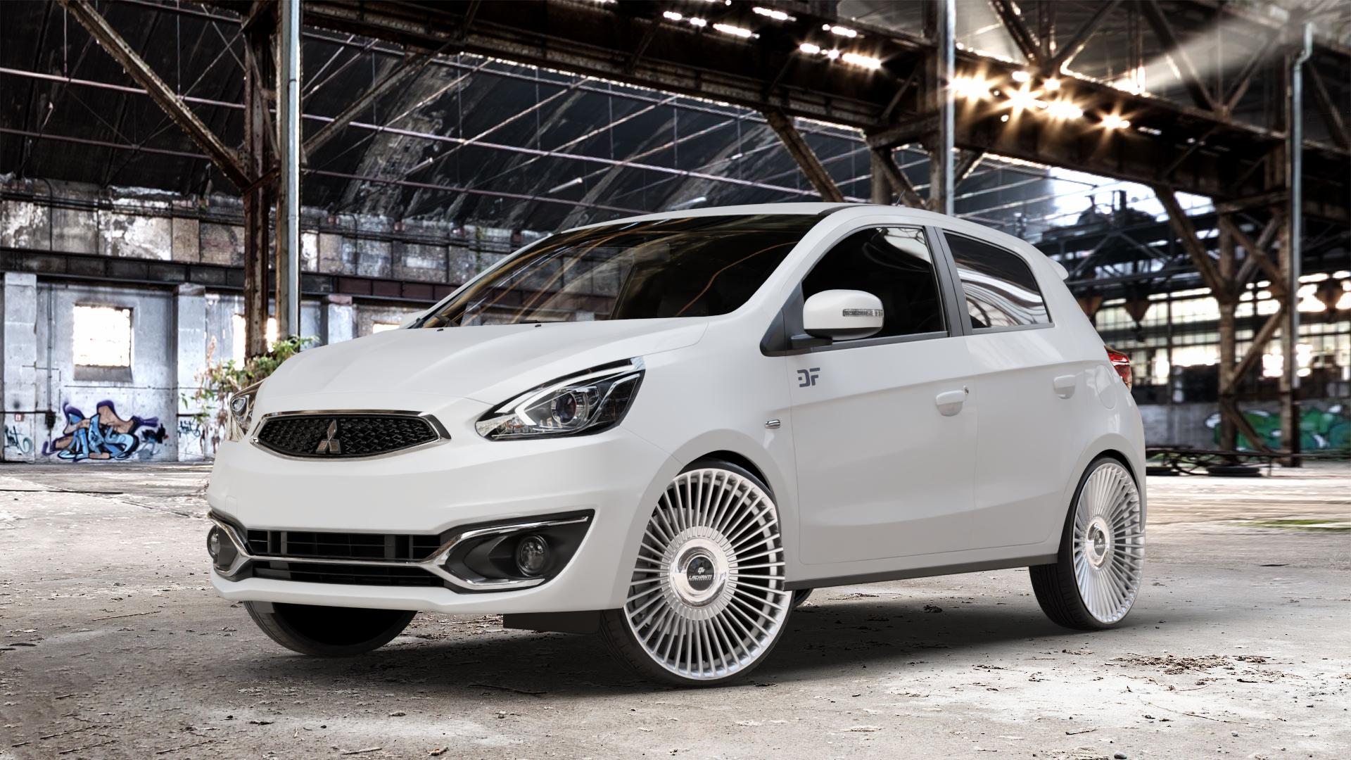 La Chanti Performance LC-P19 (Floating Cap) Machined Silver Felge mit Reifen silber in 21Zoll Alufelge auf weissem Mitsubishi Space Star II Typ A00 Facelift ⬇️ mit 15mm Tieferlegung ⬇️ Old Industrial Hall_max_4400mm_2024 Frontansicht_1