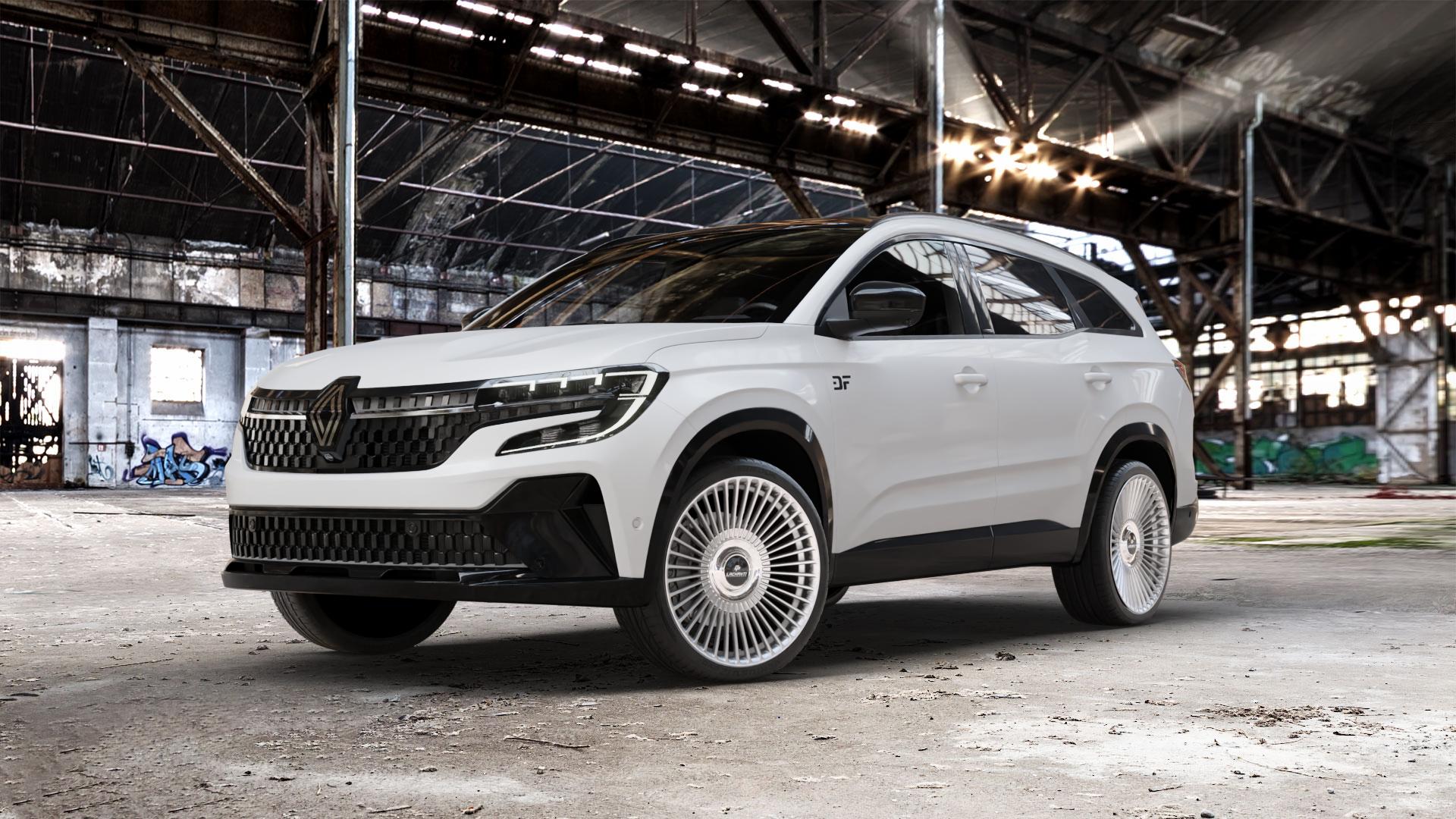 La Chanti Performance LC-P19 (Floating Cap) Machined Silver Felge mit Reifen silber in 21Zoll Alufelge auf weissem Renault Espace VI Typ RHN ⬇️ mit 15mm Tieferlegung ⬇️ Old Industrial Hall_max_5300mm_2024 Frontansicht_1