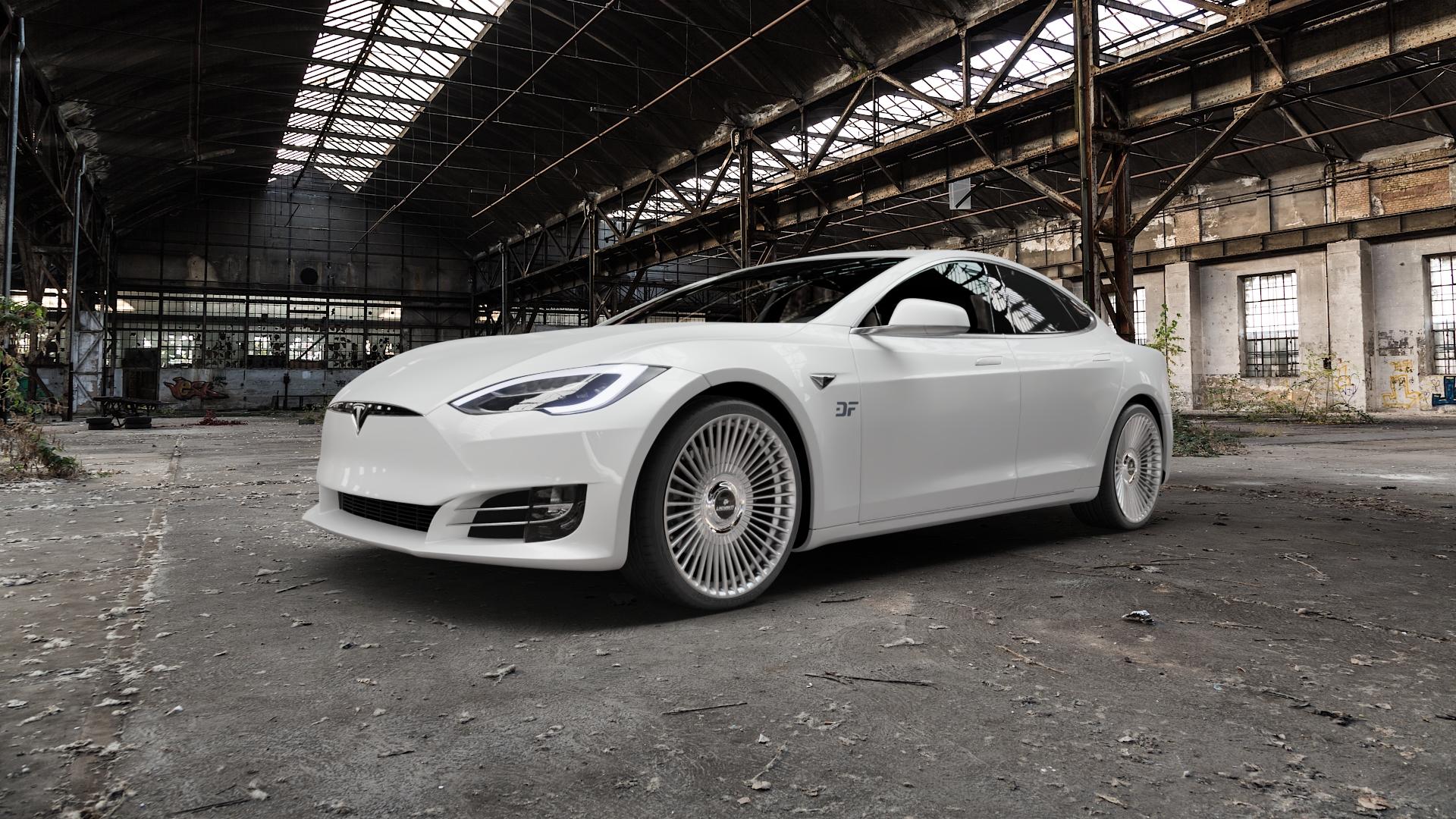 La Chanti Performance LC-P19 (Floating Cap) Machined Silver Felge mit Reifen silber in 21Zoll Alufelge auf weissem Tesla Model S Facelift Typ 002 ⬇️ mit 15mm Tieferlegung ⬇️ Old Industrial Hall_max5000mm_2022 Frontansicht_1