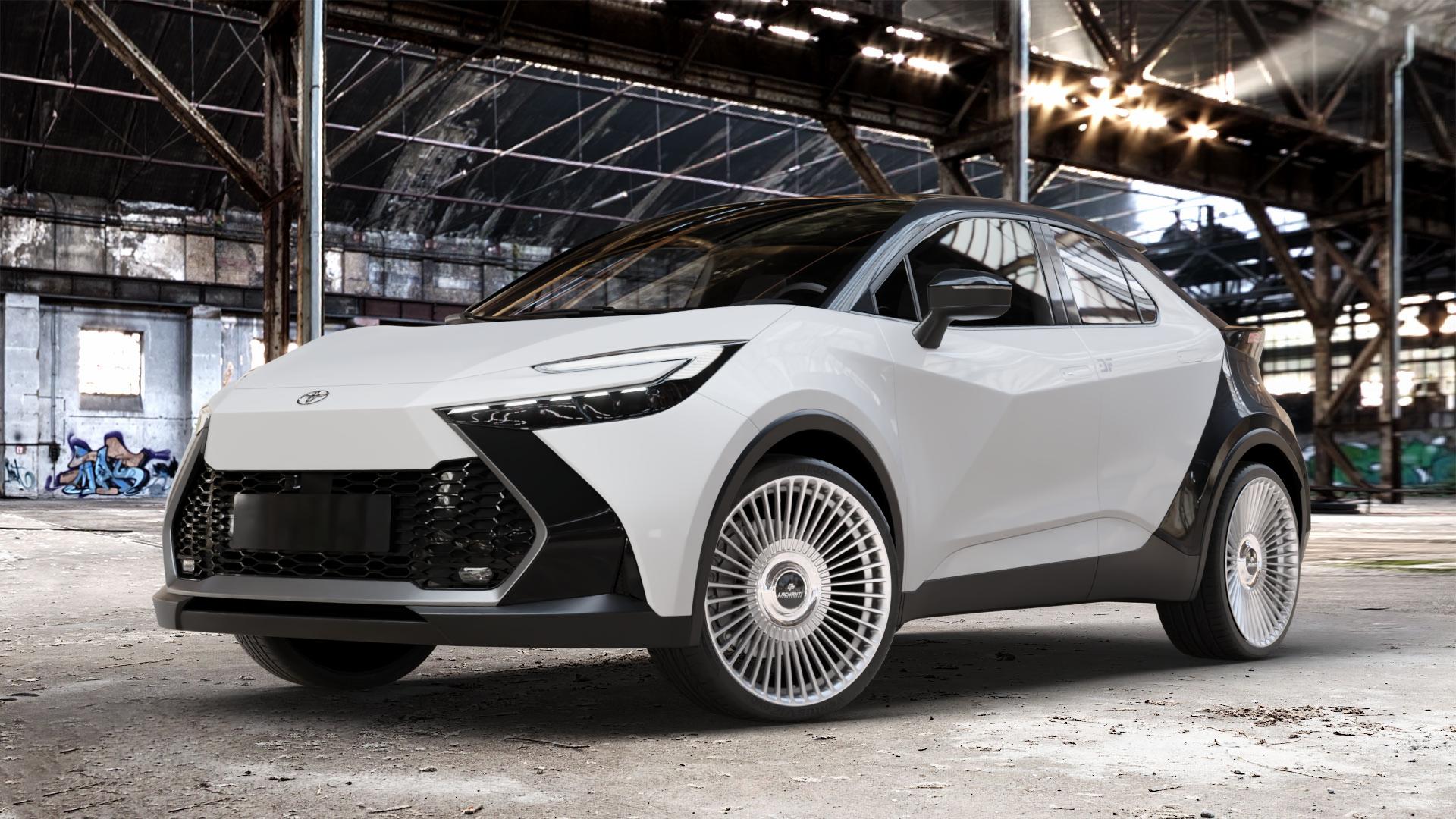La Chanti Performance LC-P19 (Floating Cap) Machined Silver Felge mit Reifen silber in 21Zoll Alufelge auf weissem Toyota C-HR Typ AX2T(M) AX2T(M)-TGRE ⬇️ mit 15mm Tieferlegung ⬇️ Old Industrial Hall_max_4400mm_2024 Frontansicht_1