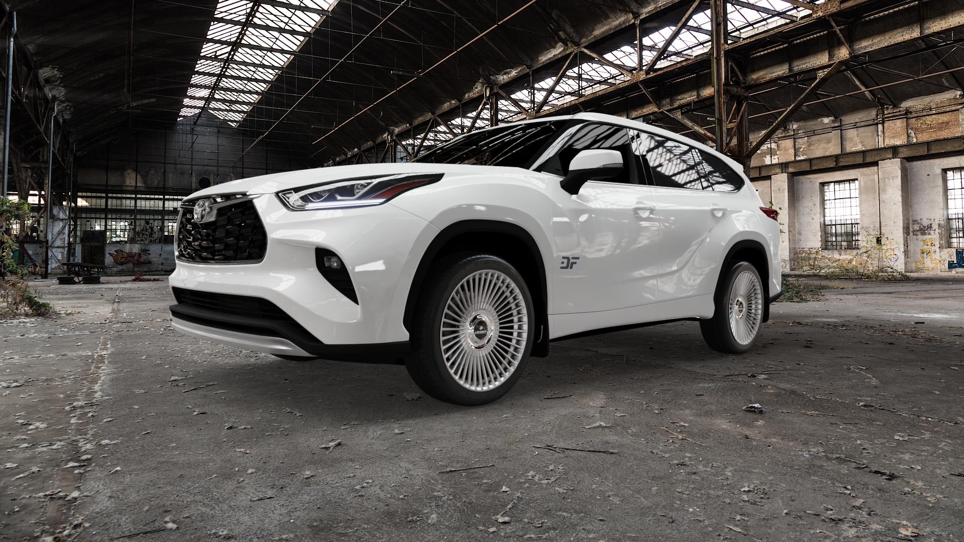 La Chanti Performance LC-P19 (Floating Cap) Machined Silver Felge mit Reifen silber in 21Zoll Alufelge auf weissem Toyota Highlander Typ XU7(EU,M) XU7(EU,M)-TGRE ⬇️ mit 15mm Tieferlegung ⬇️ Old Industrial Hall_max5000mm_2022 Frontansicht_1