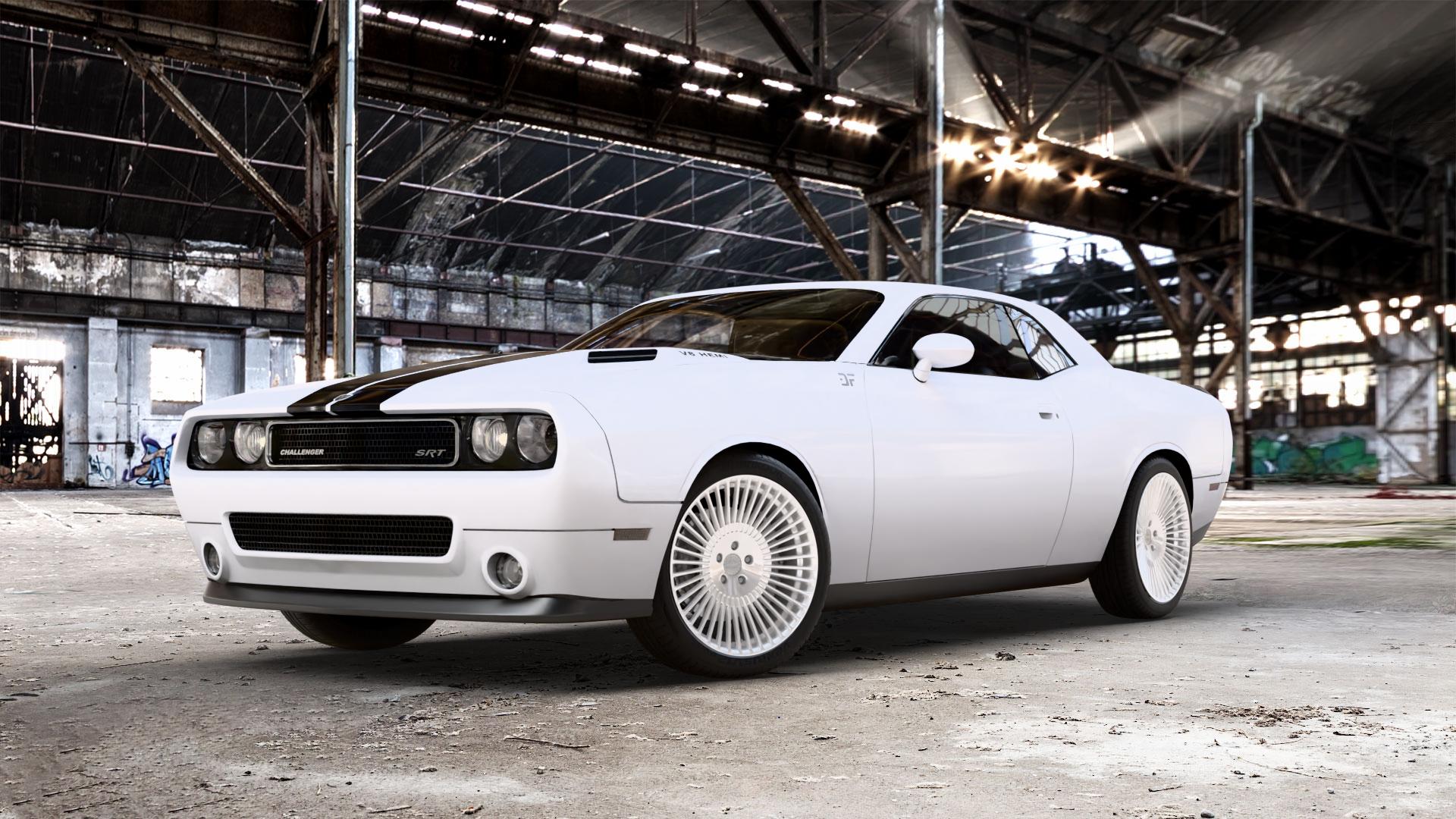 La Chanti Performance LC-P19 Machined Silver Felge mit Reifen silber in 20Zoll Alufelge auf weissem Dodge Challenger (08-) Typ LC ⬇️ mit 15mm Tieferlegung ⬇️ Old Industrial Hall_max_5300mm_2024 Frontansicht_1